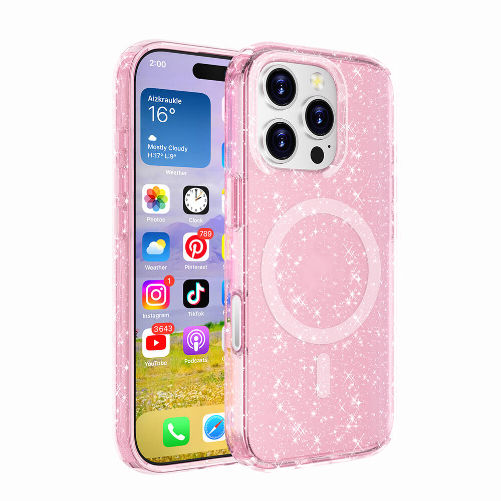 Pembe bir iPhone, ekranın yanında parıldayan bir kılıfla gösteriliyor. Ekran hava durumu uygulamasını ve bazı uygulamaları gösteriyor.