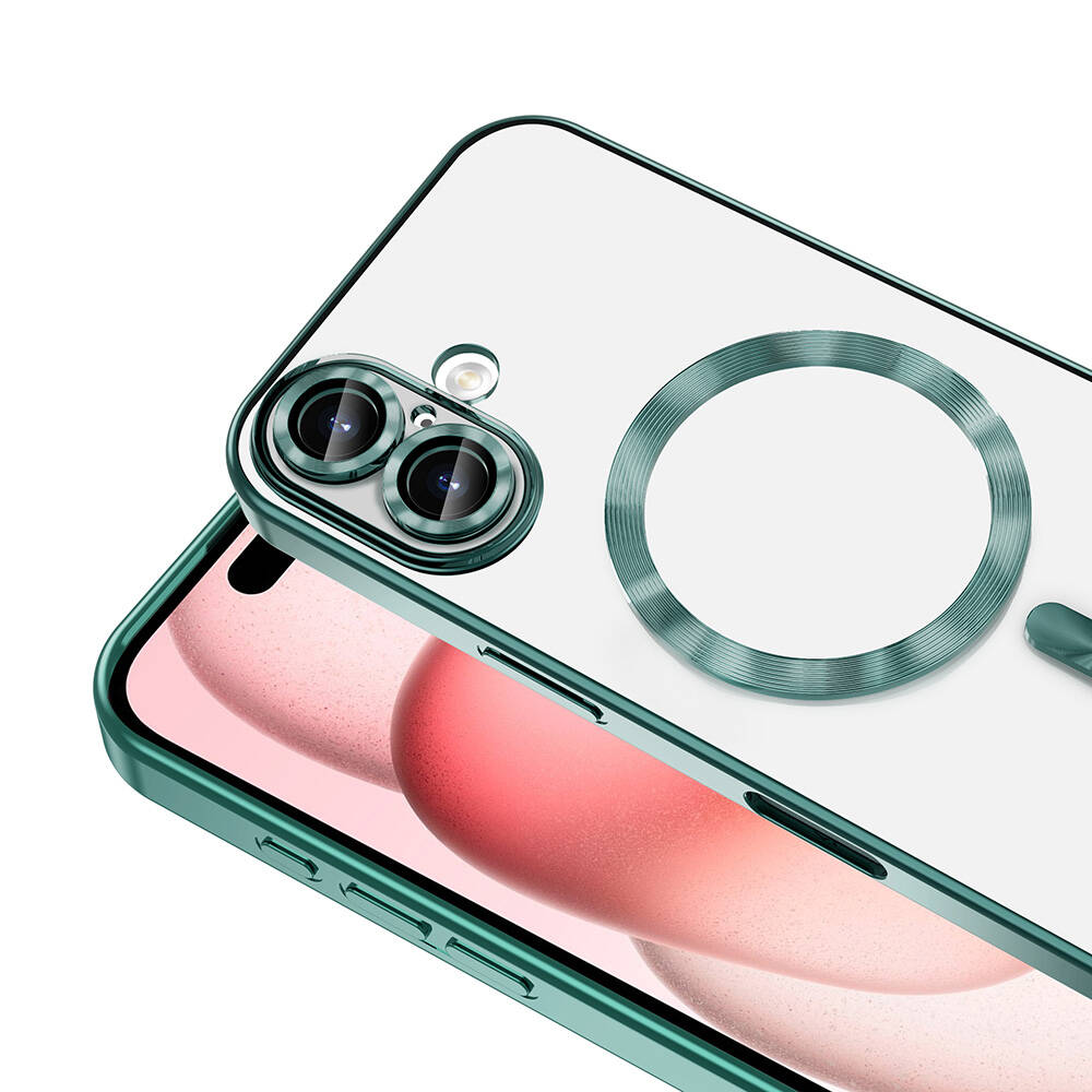 Yeşil çerçeveli şeffaf bir telefon kılıfı. Kılıfın kamera kesimi ve dairesel bir manyetik halkası var. Ekran görülebilir.