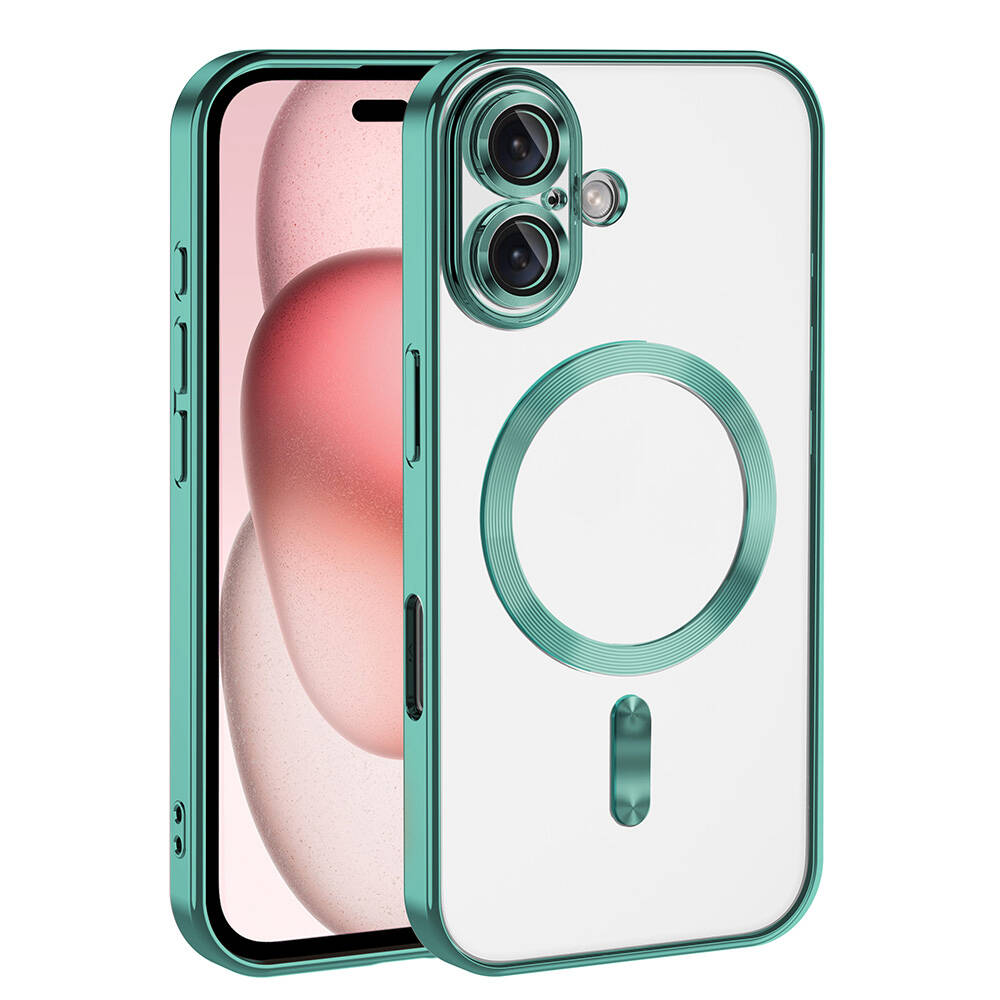 Turkuaz çerçeveli şeffaf bir telefon kılıfı. İçinde, bir telefon pembe bir tasarım sergiliyor. Kılıfın kamera boşlukları ve manyetik bir dairesi var.
