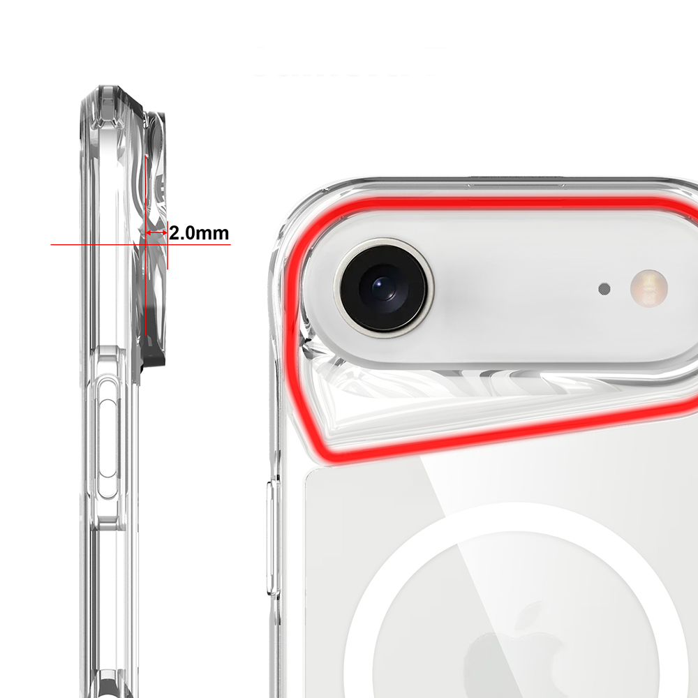 Kırmızı konturlu şeffaf bir telefon kılıfının yakın çekimi. Kamera merceği görünür durumda. Bir ölçüm 2,0 mm kalınlık gösteriyor.