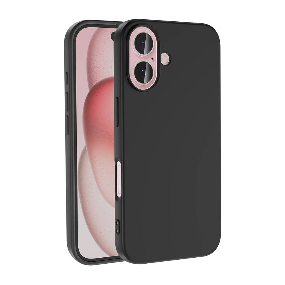Pembe iç ekrana sahip siyah telefon kılıfı. Kamera pembe detaylara sahip. Kılıf beyaz bir arka plan üzerinde.