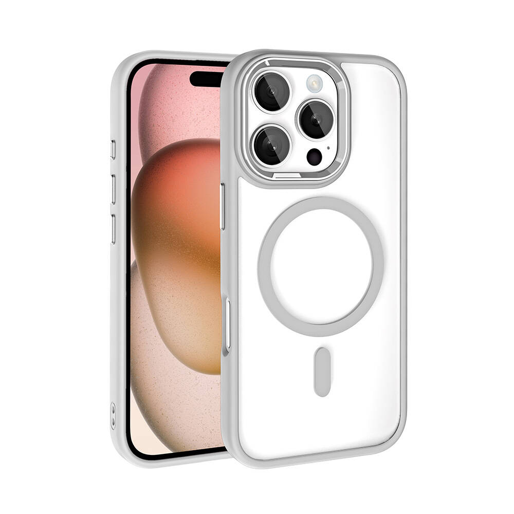 Gri çerçeveli şeffaf bir telefon kılıfı gösteriliyor, telefonun arkasını ortaya çıkarıyor. Kılıf, dairesel bir mıknatıs ve kamera kesiklerine sahip.