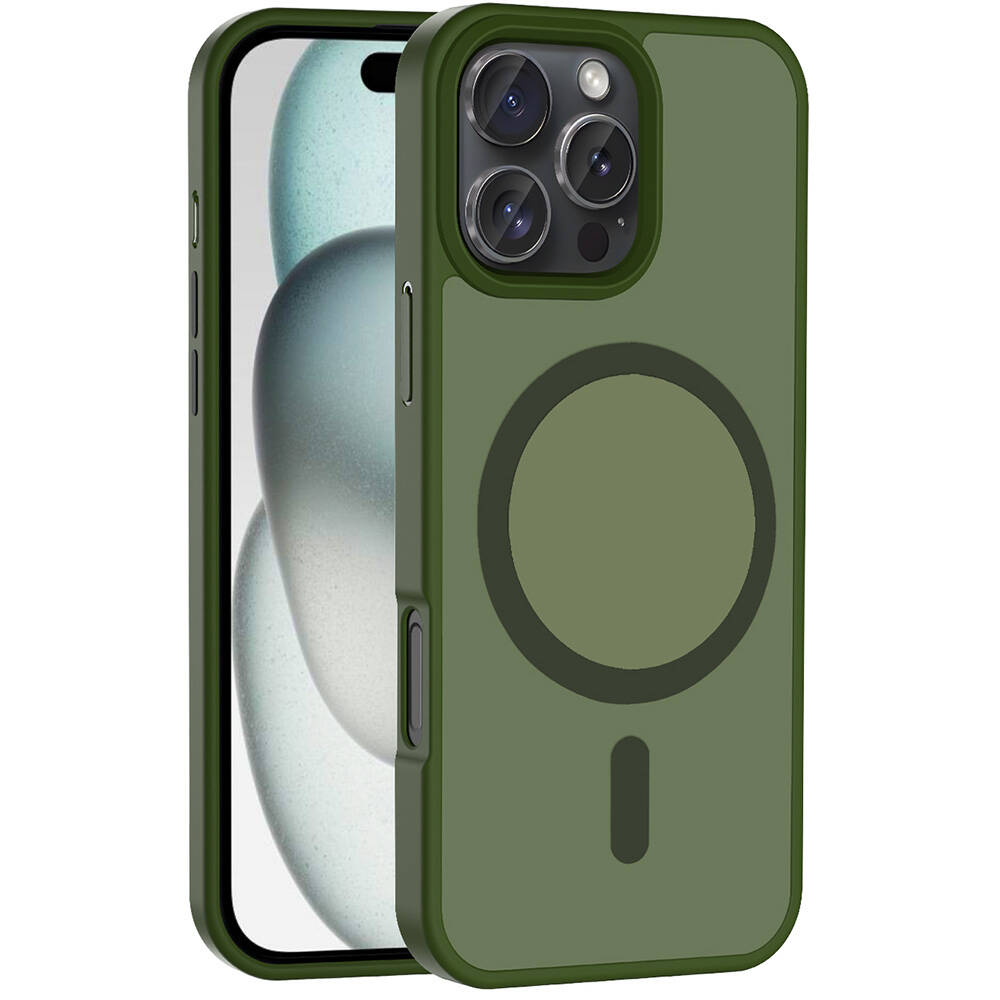 Siyah kamera modülüne ve arkasında dairesel bir tasarıma sahip zeytin yeşili bir telefon kılıfı, telefonun ekranı görünüyor.