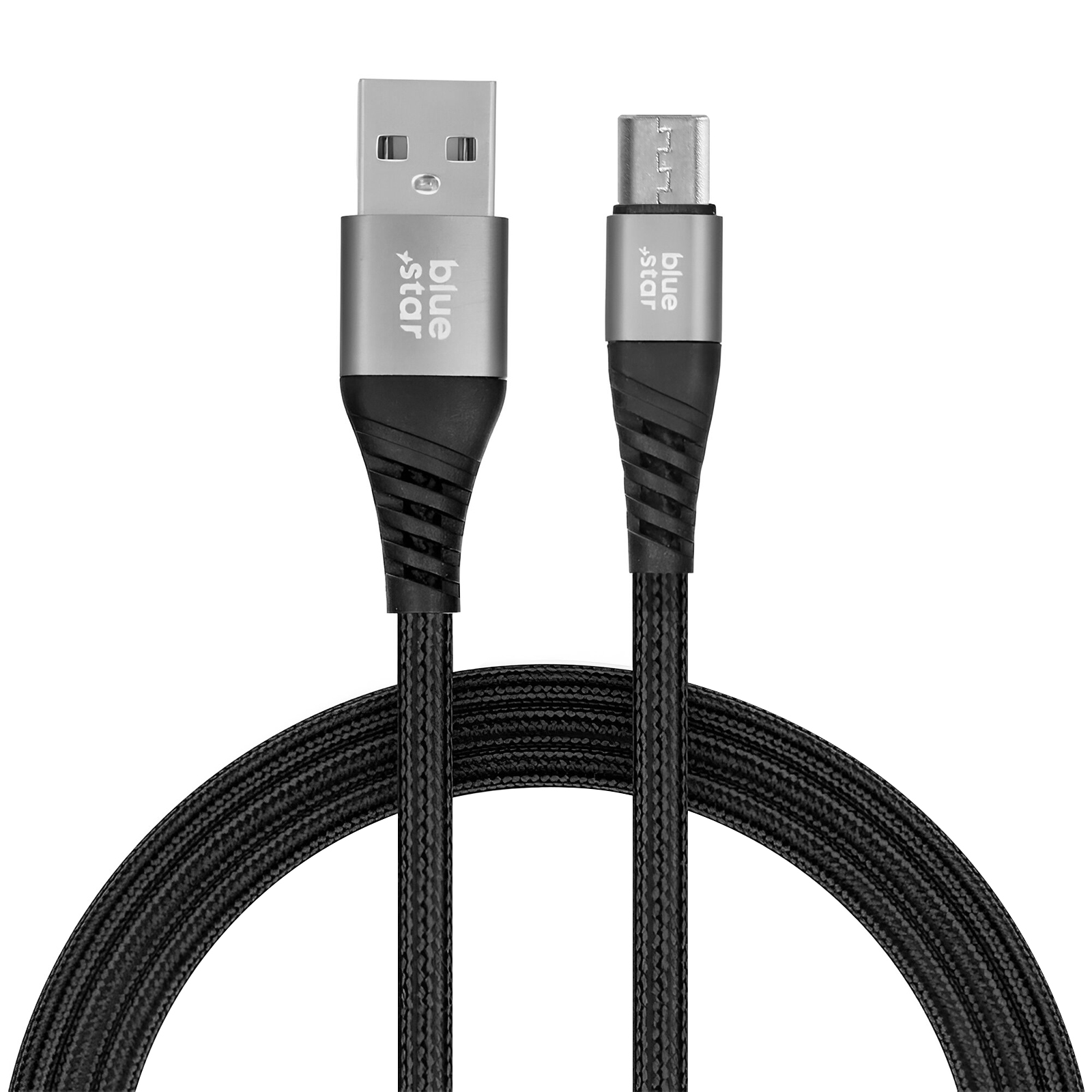 Cavo USB nero con connettori argentati, marchio "blue star". Il cavo ha un design intrecciato.