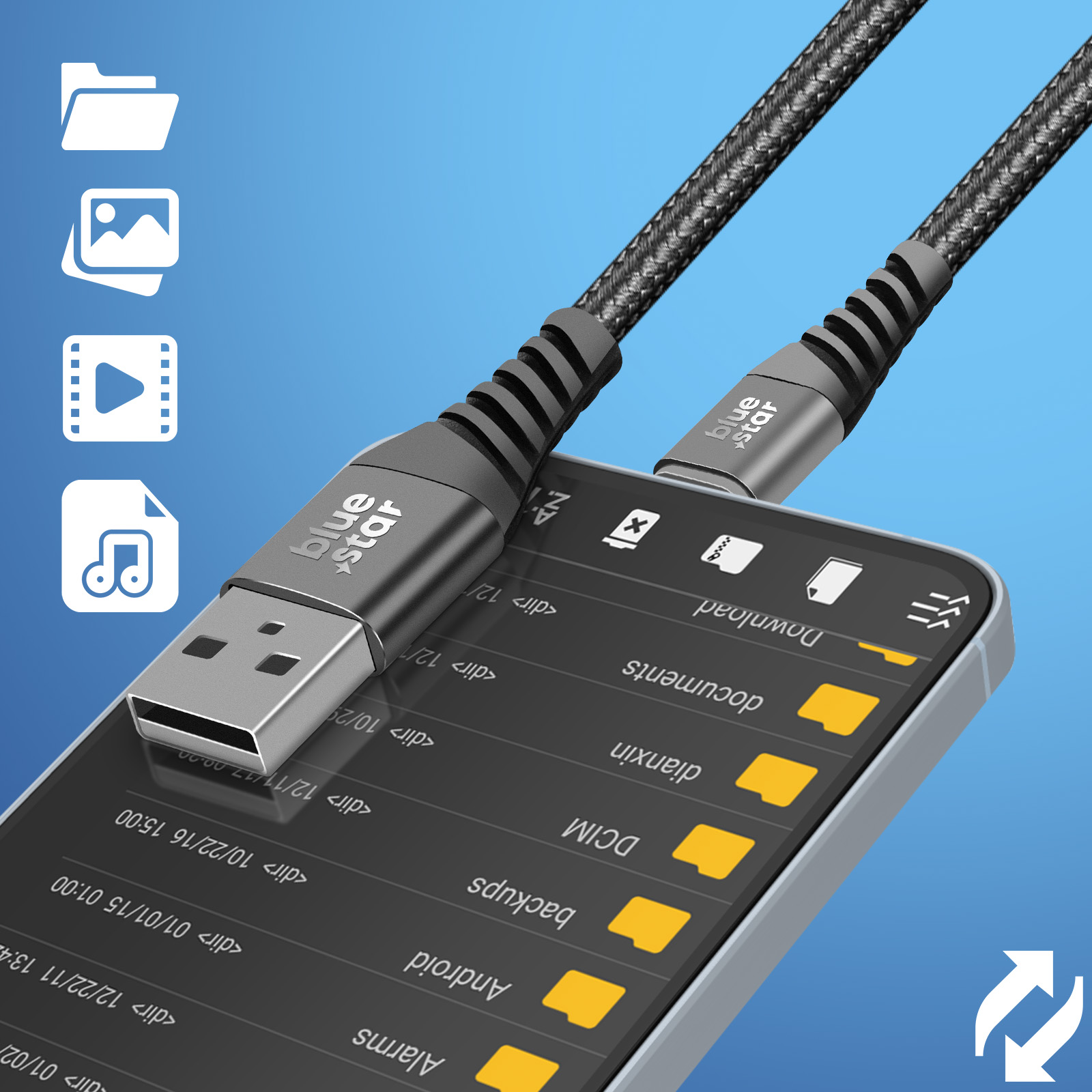 Un cavo USB si collega a uno smartphone che mostra le directory dei file. Il cavo è nero e grigio. Lo sfondo è blu sfumato.