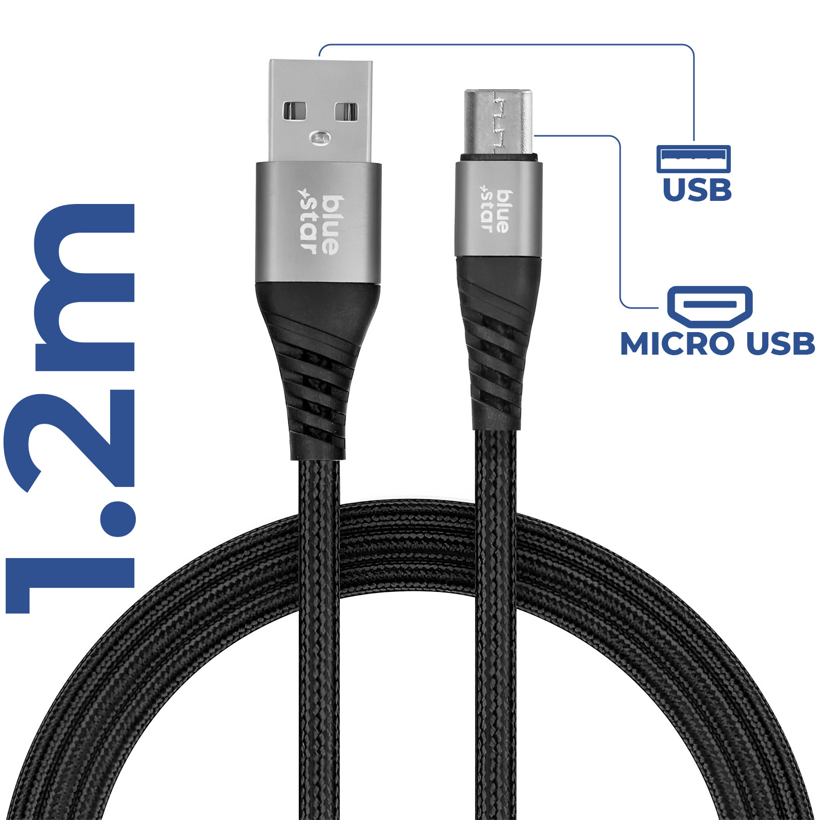Un cavo USB a Micro USB da 1,2 m, intrecciato nero, con etichette USB e Micro USB.