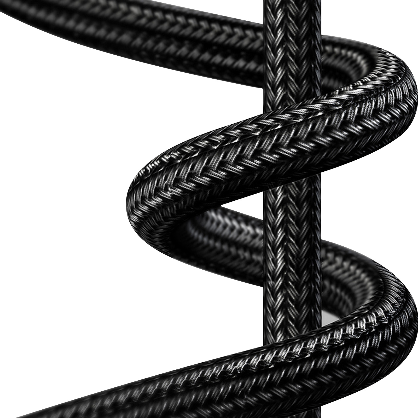 Un cavo nero intrecciato a spirale su sfondo bianco. Il cavo è spesso e strutturato.