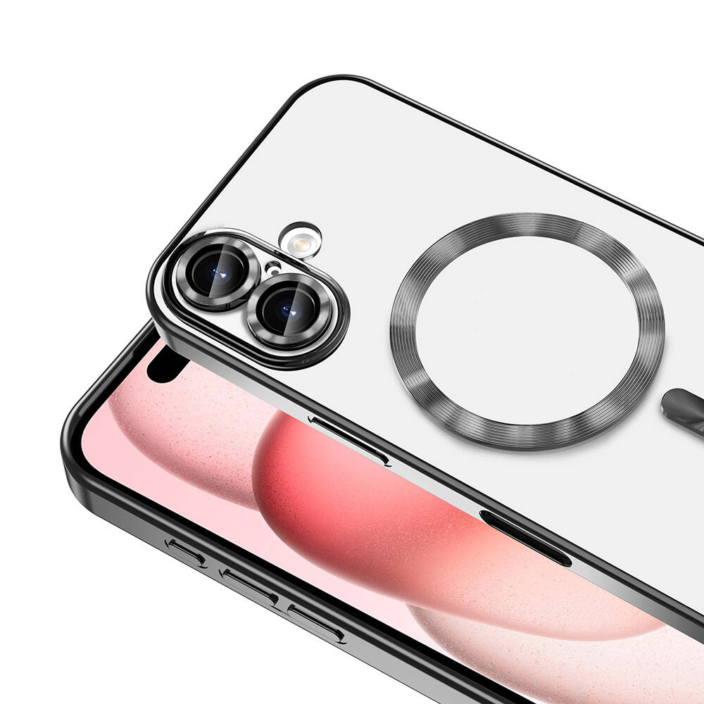 Siyah çerçeveli şeffaf bir telefon kılıfı. İki lensli kamera kesimi, gümüş bir halka ve pembemsi bir arka plan bulunur.