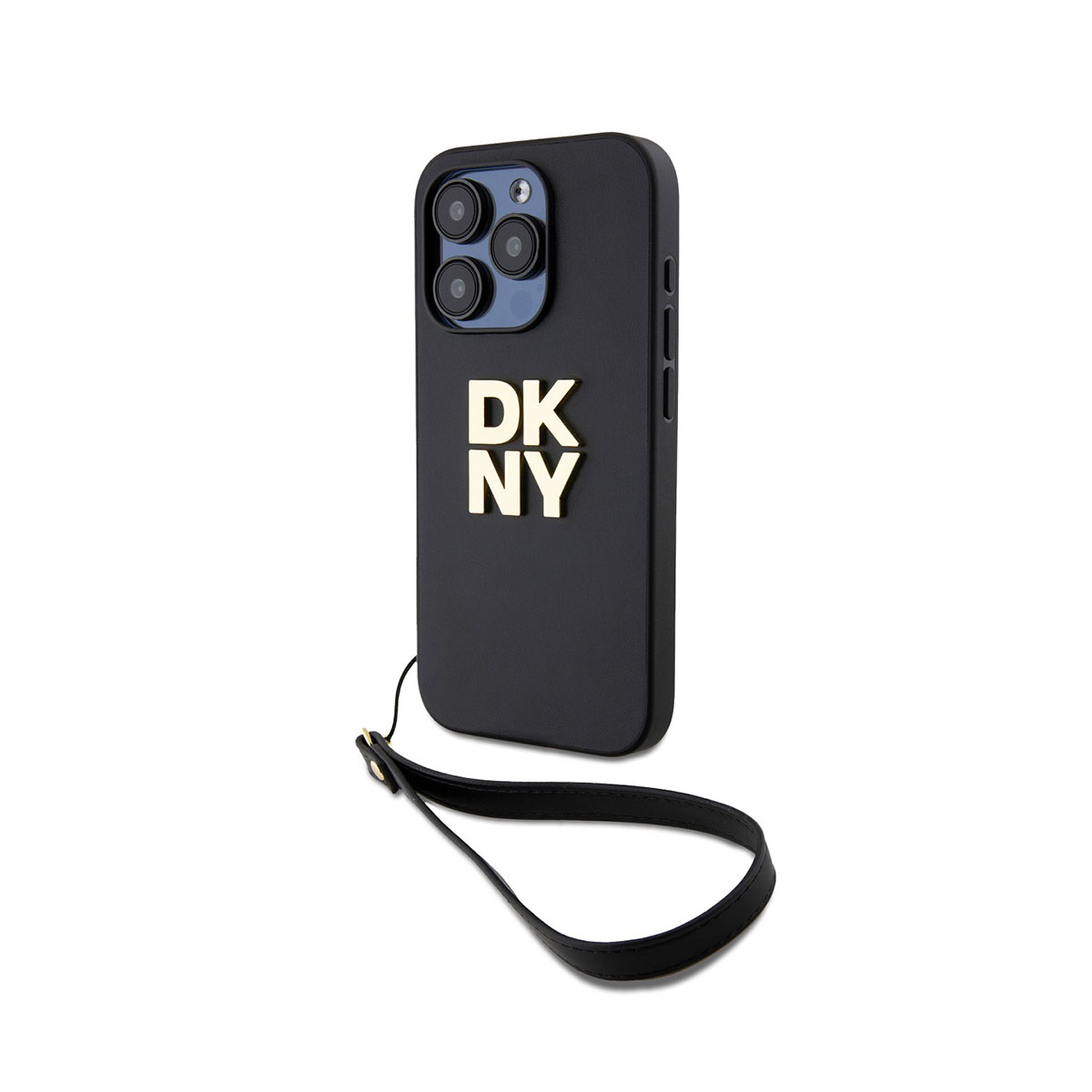 Custodia nera per iPhone con logo 'DKNY' dorato e cinturino nero, su sfondo bianco.