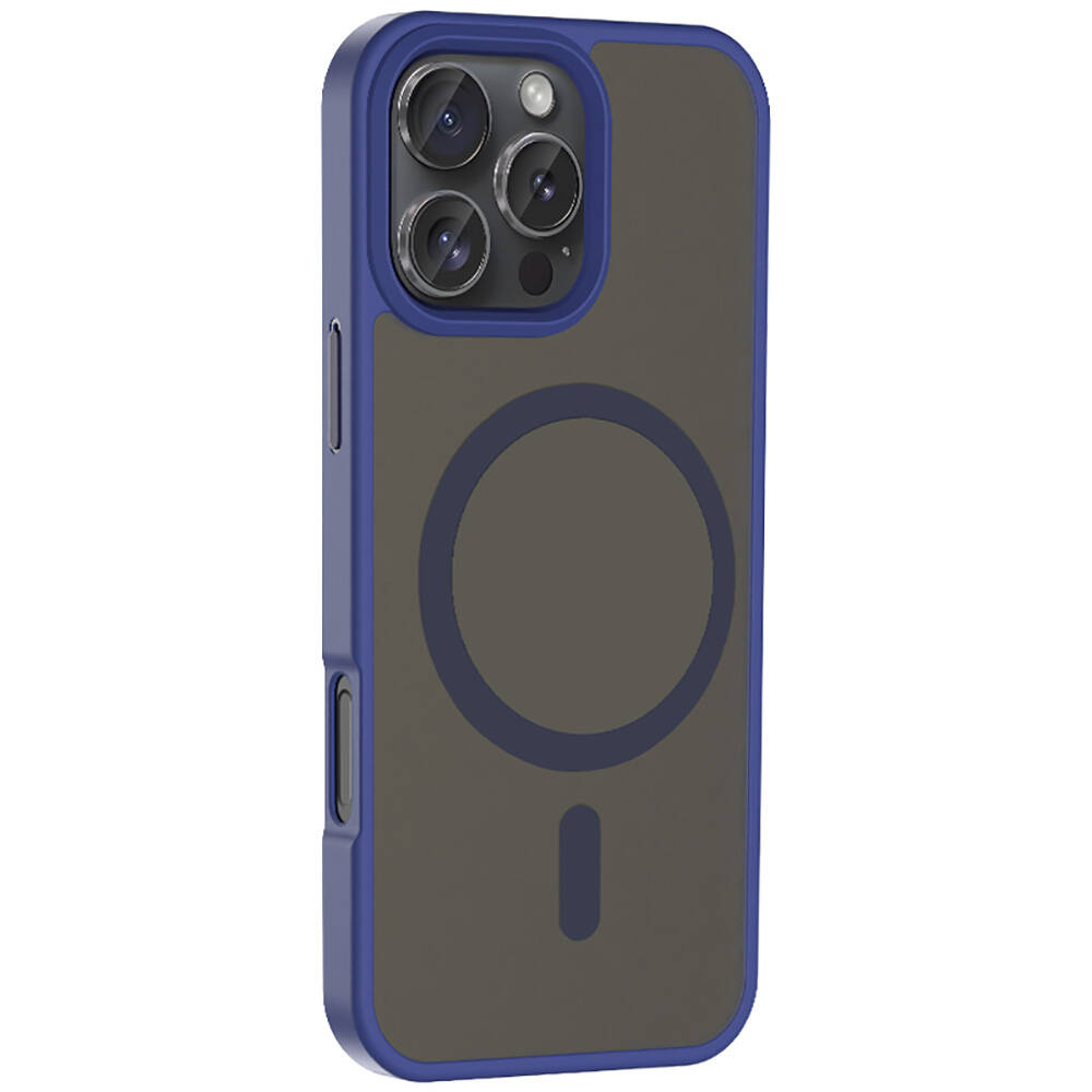 Mavi çerçeveli, gri arka yüzeyli bir telefon kılıfı. Koyu mavi bir daire ve dikey bir çizgiye sahip. Telefonun kamerası görünür durumda.