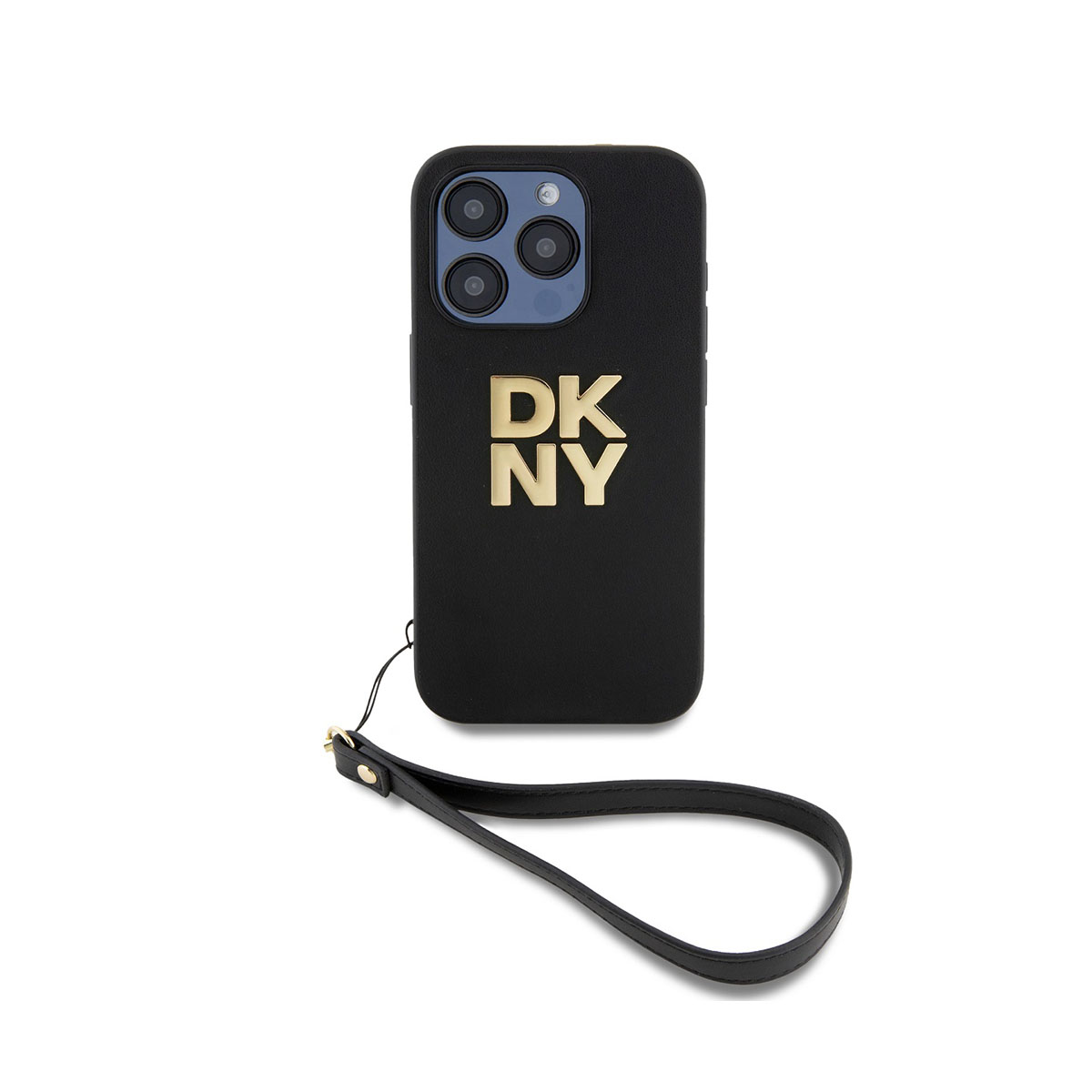 Una custodia nera per iPhone con lettere dorate 'DKNY'. È attaccato un cinturino da polso nero. Lo sfondo è bianco.