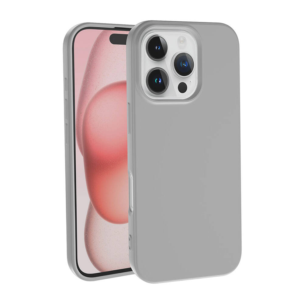 İçinde bir telefon bulunan gri bir telefon kılıfı. Telefon, kırmızı ve beyaz bir arka plan gösterir. Kılıfın üç kamera merceği var.