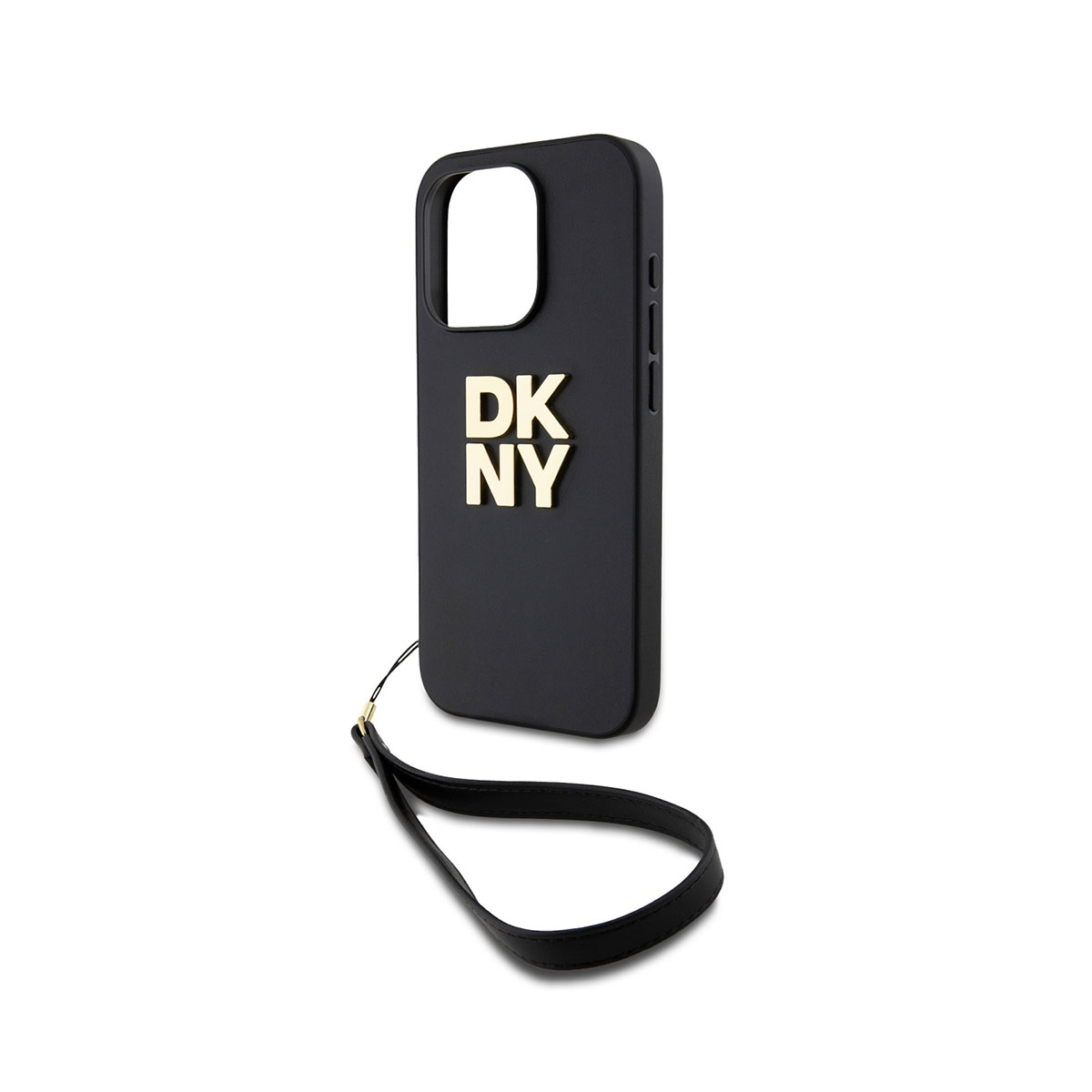 Custodia nera per telefono con logo DKNY dorato e cinturino nero. La custodia è su sfondo bianco.