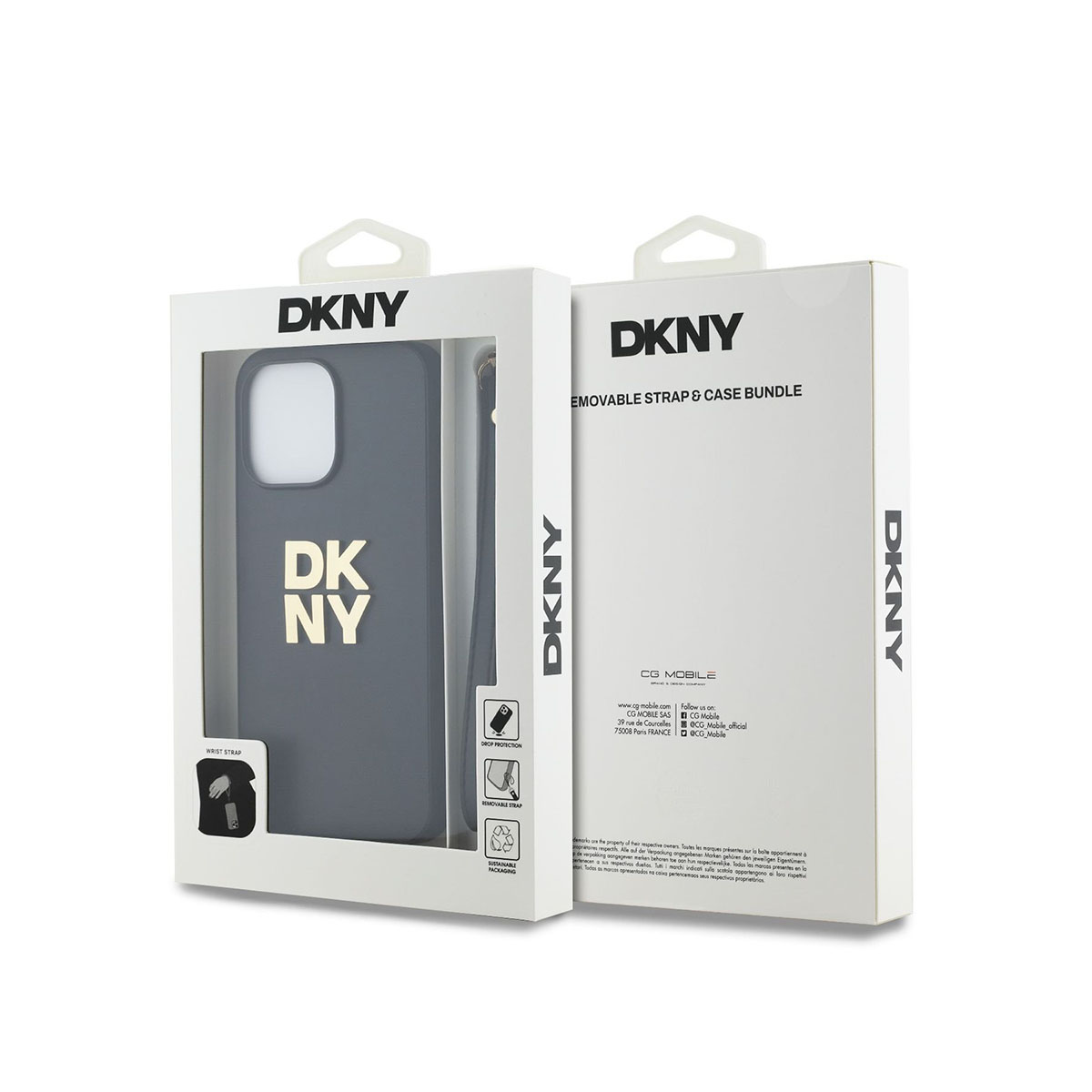 Custodia per telefono DKNY in una scatola. La custodia è grigio scuro con scritte DKNY dorate. Una scatola bianca con il logo del marchio.