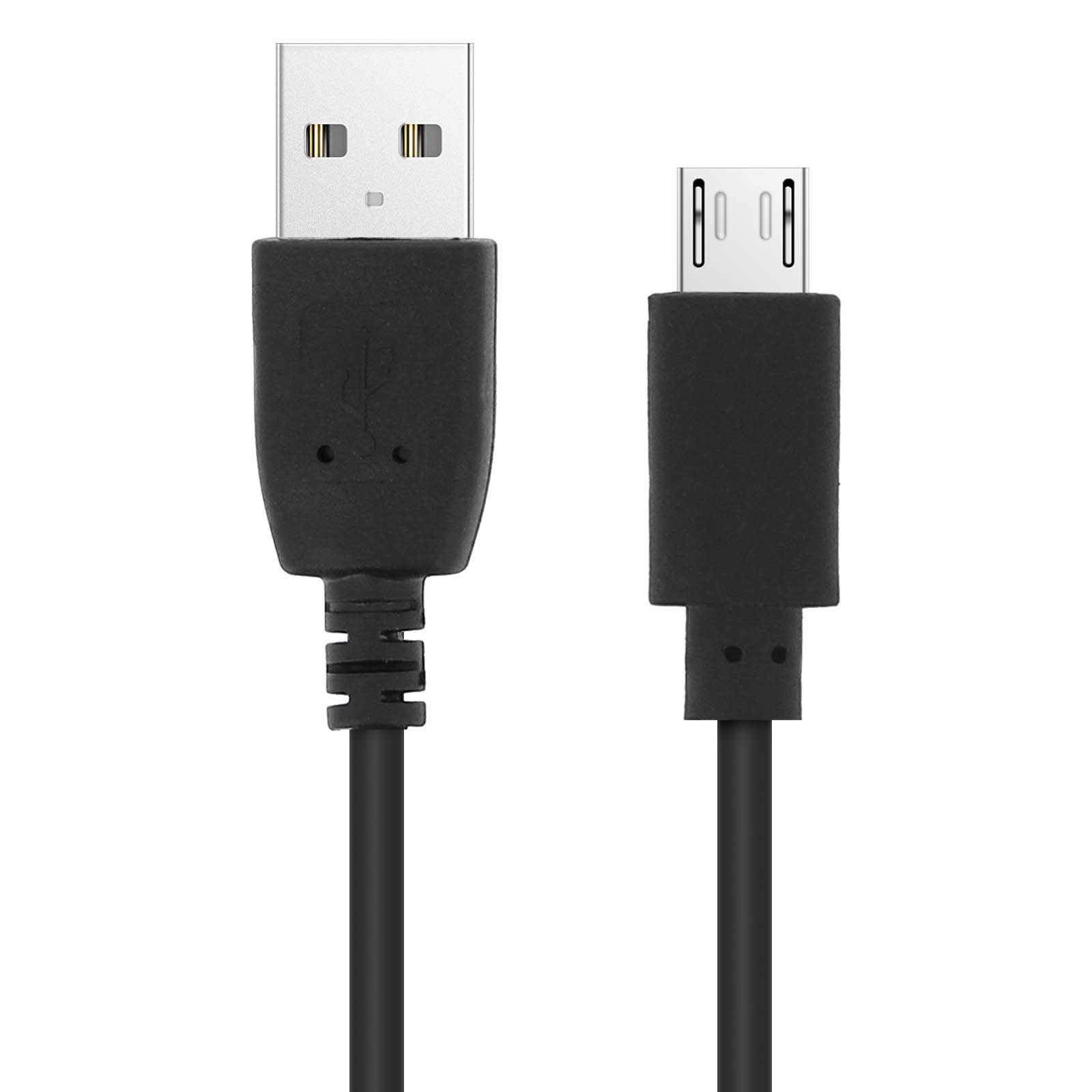 Due cavi USB neri, uno USB standard e uno micro USB, affiancati su sfondo bianco.