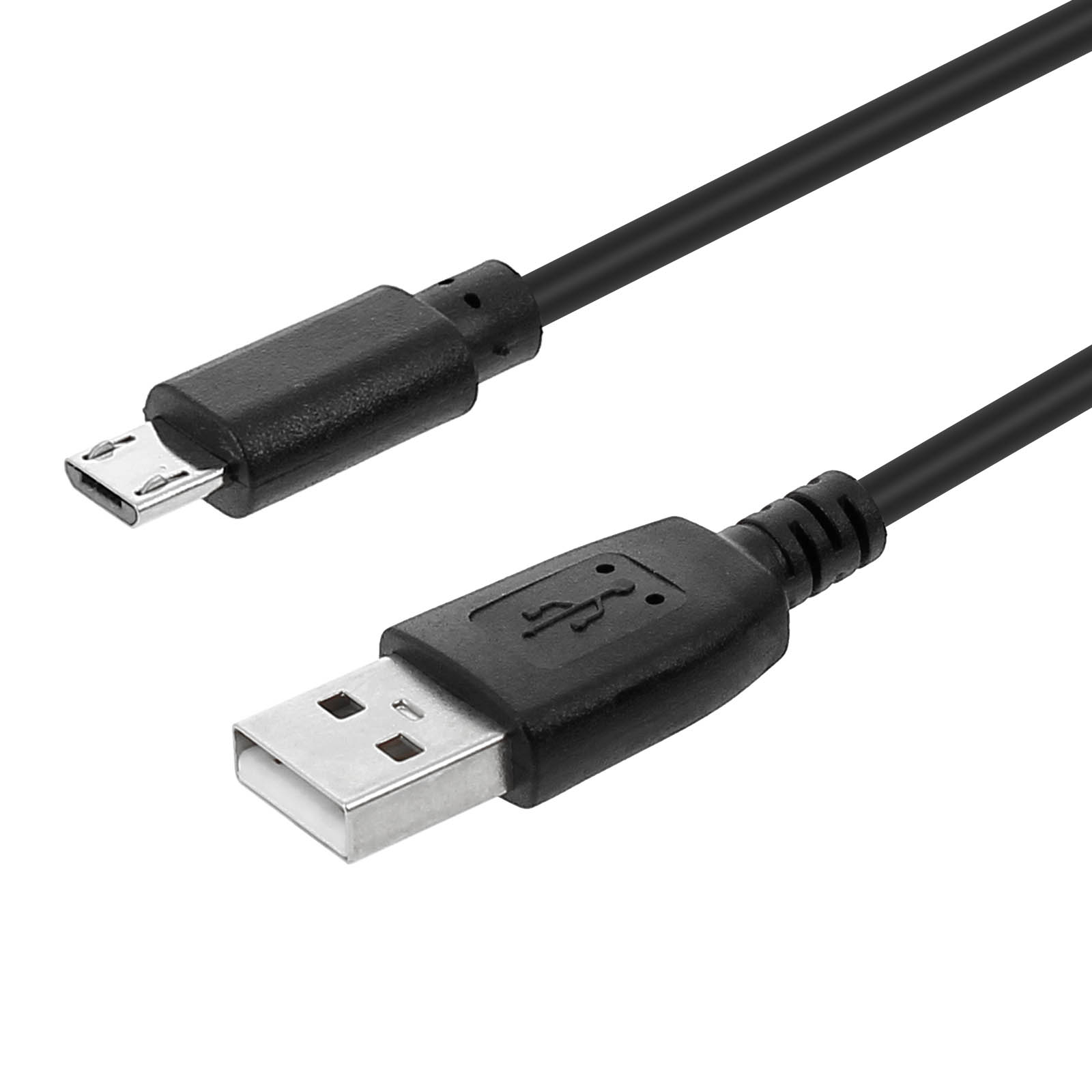 Un cavo USB nero con connettore USB-A e micro-USB. I connettori sono su sfondo bianco.