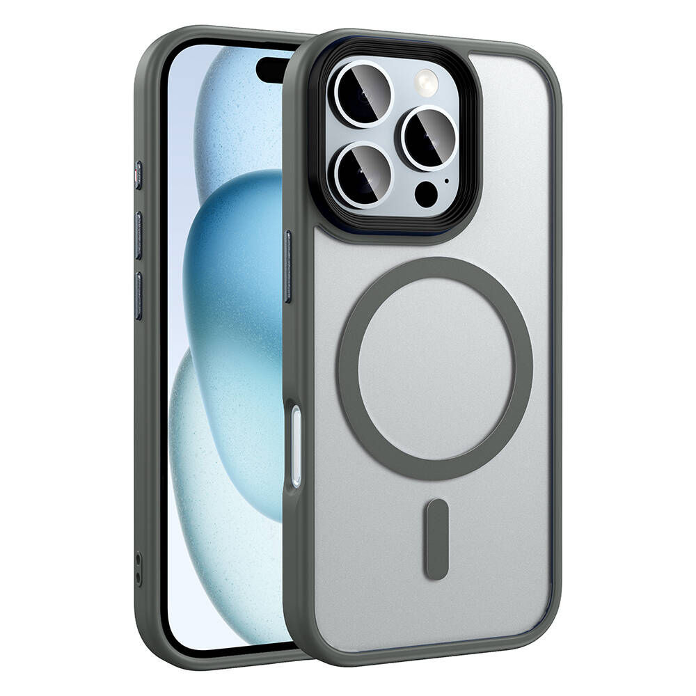 Şeffaf bir kılıf içinde bir iPhone. Kılıfın manyetik bir halkası ve kamera oyuğu var. Telefon, mavi ve beyaz bir arka planla görünür.