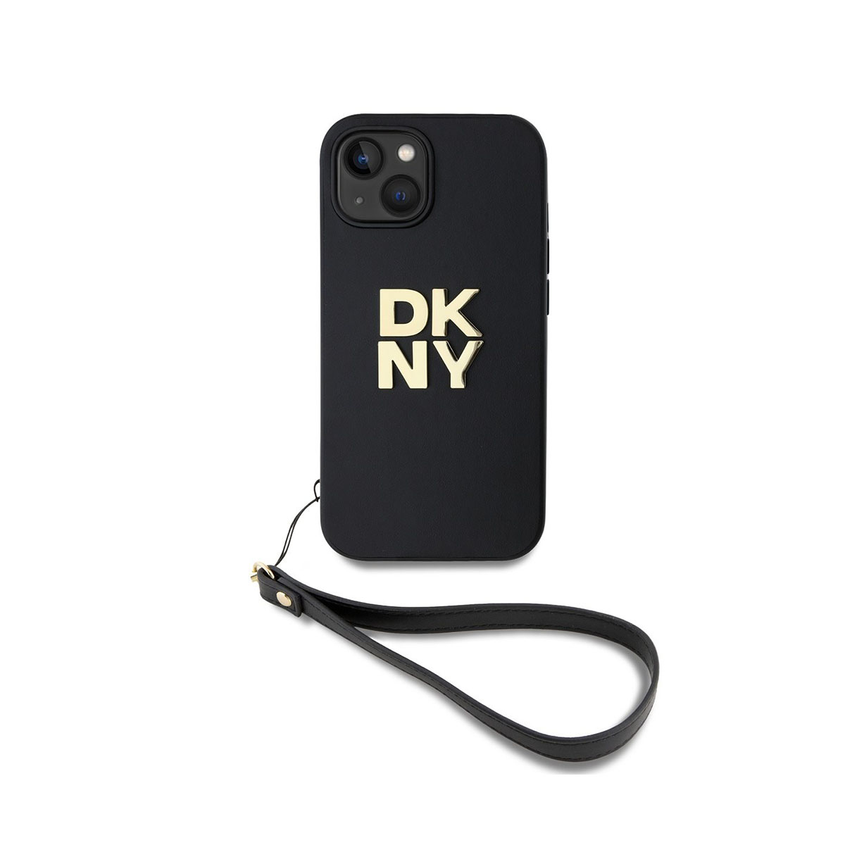 Una custodia nera per telefono con lettere dorate 'DKNY'. Ha un cinturino ed è su sfondo bianco.