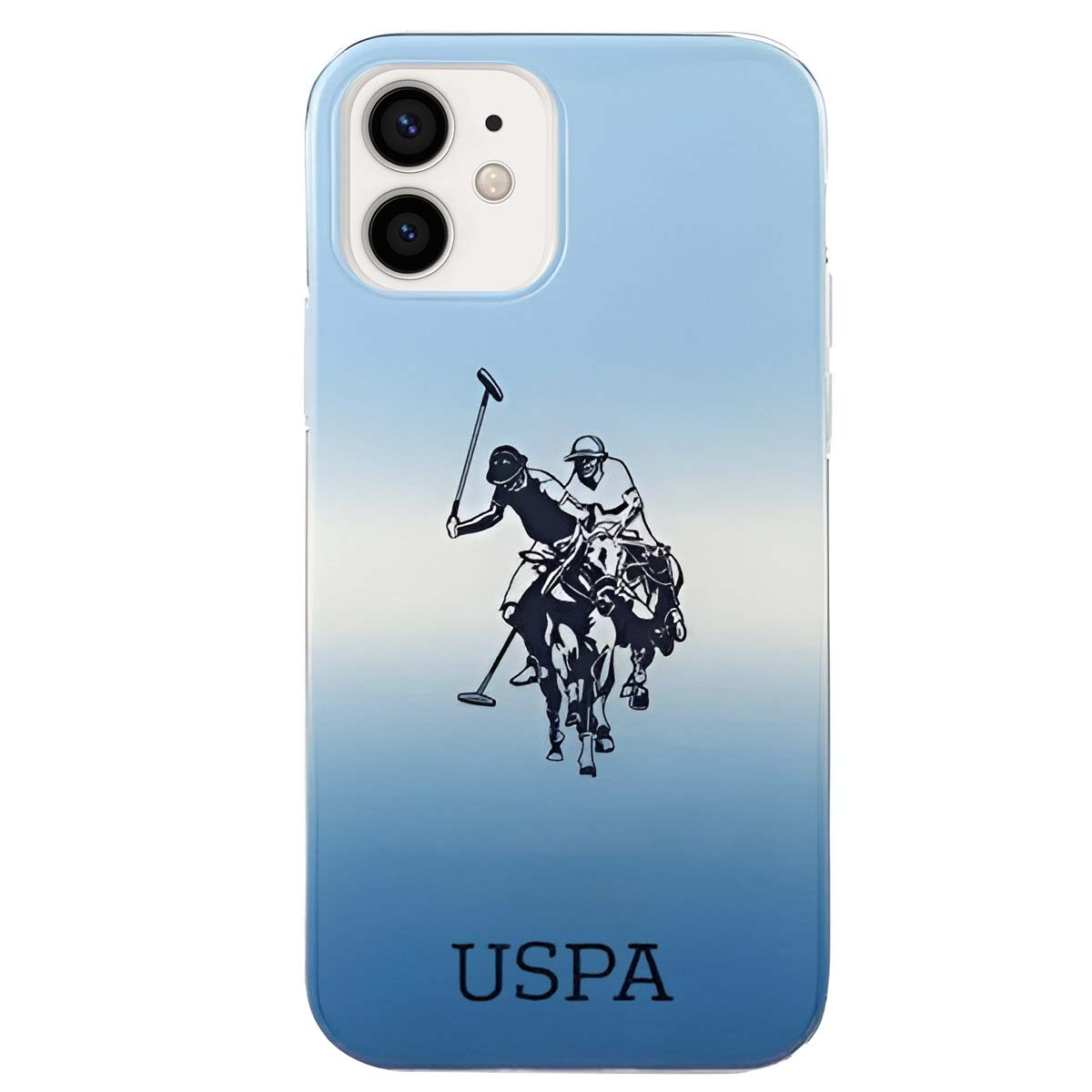 Una custodia per telefono con il logo USPA. Due giocatori di polo a cavallo sono raffigurati in silhouette su sfondo blu.