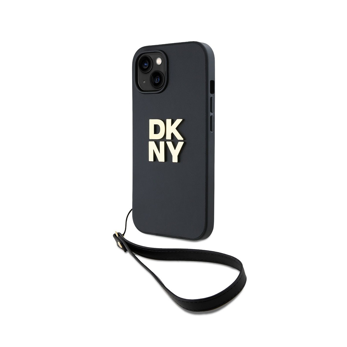 Una custodia per telefono nera con lettere dorate 'DKNY' e cinturino da polso nero. Lo sfondo è bianco.