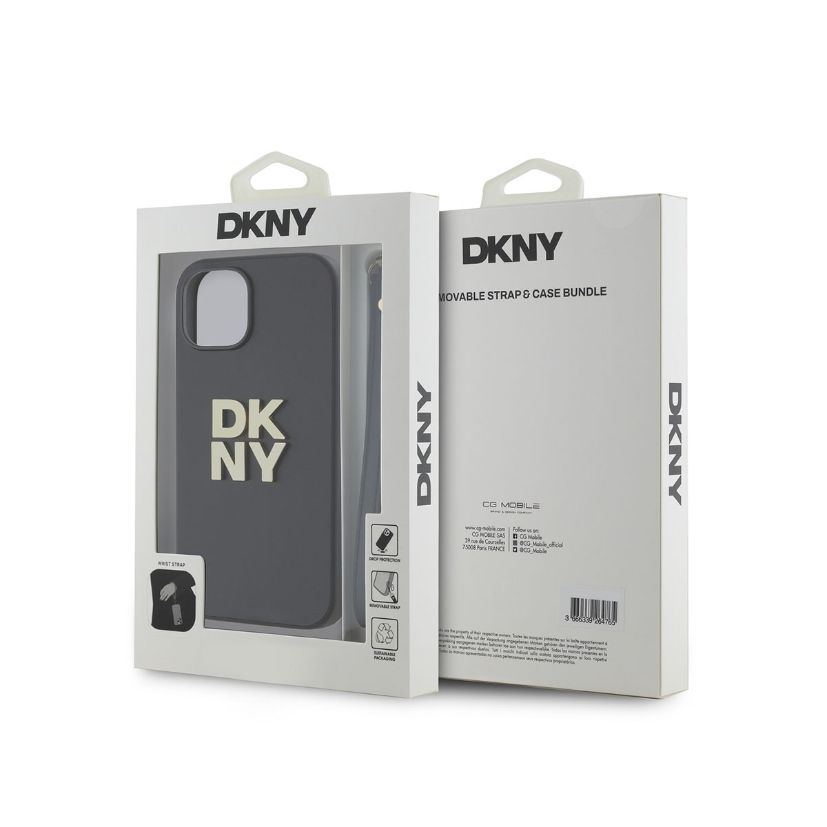 Una scatola per custodia per telefono DKNY, con una custodia scura all'interno. La scatola presenta il marchio DKNY e mostra caratteristiche come il cinturino da polso e la protezione dalle cadute.
