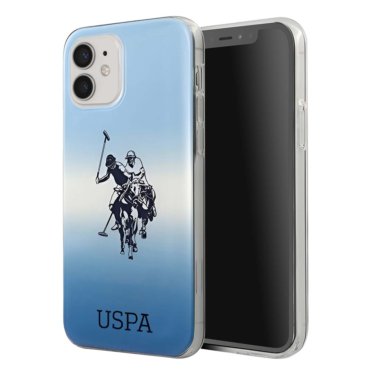 Custodia per telefono con grafica di un giocatore di polo e logo USPA. Il telefono è su sfondo bianco.