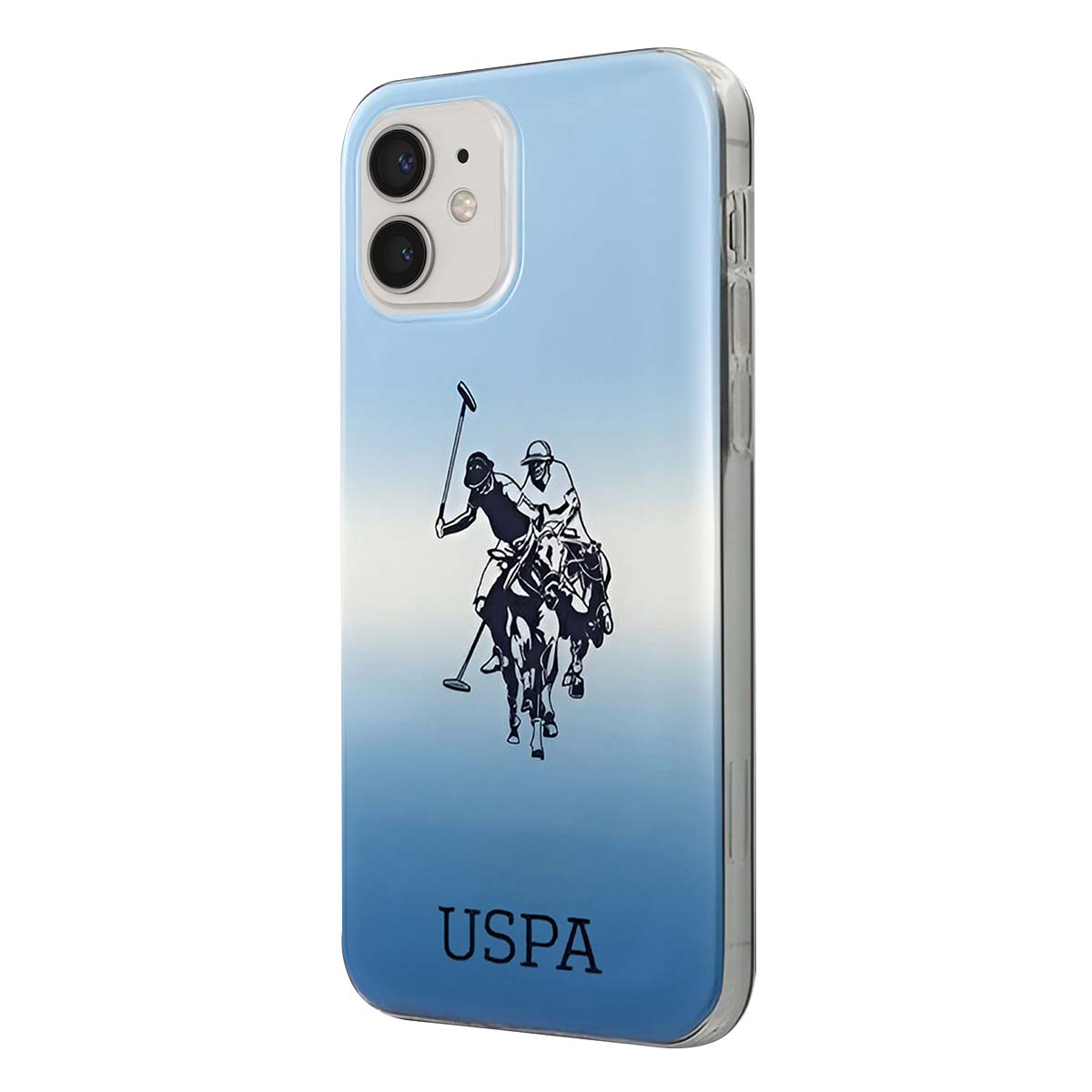 Custodia per telefono con logo di giocatore di polo. Lo sfondo è azzurro con il logo USPA in basso.