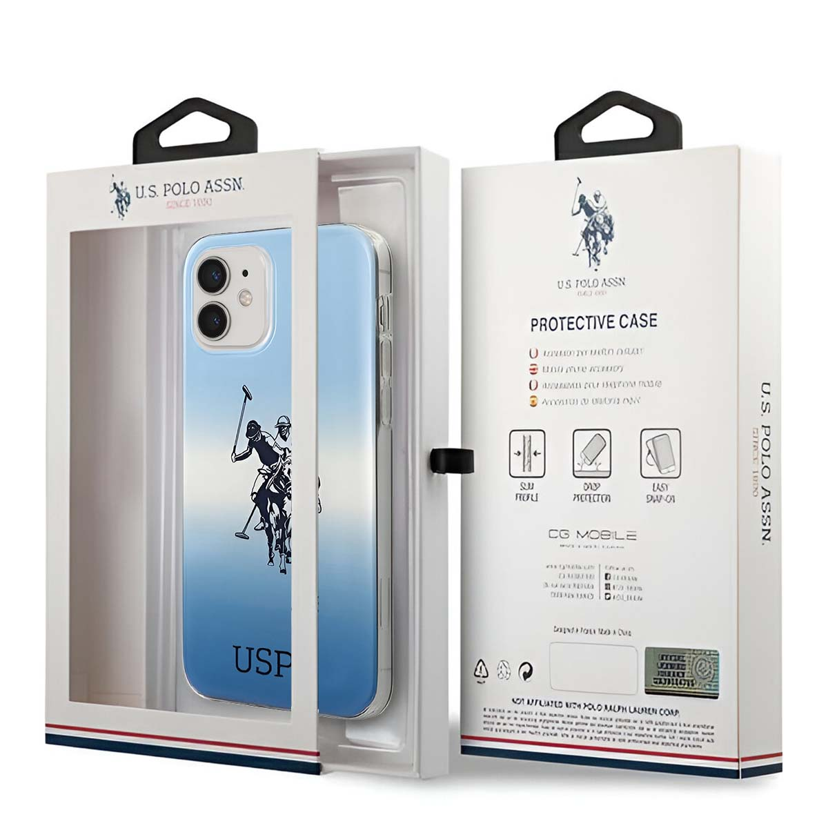 Una custodia per telefono in una scatola. La custodia è blu con un logo di un giocatore di polo. La scatola ha il logo e il marchio U.S. Polo Assn.