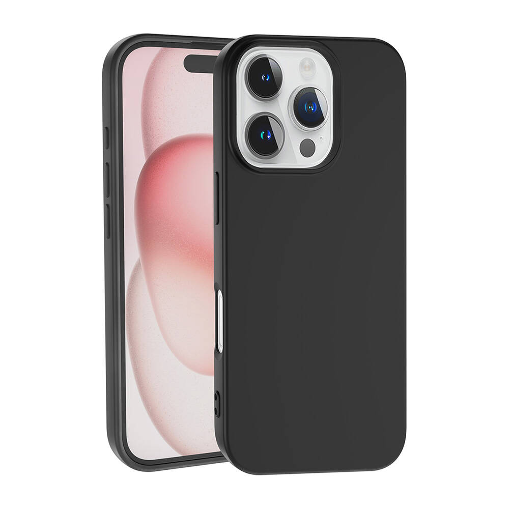 İçinde bir telefon bulunan siyah telefon kılıfı. Telefonun ekranında pembe bir arka plan ve kılıfta üç kamera var.