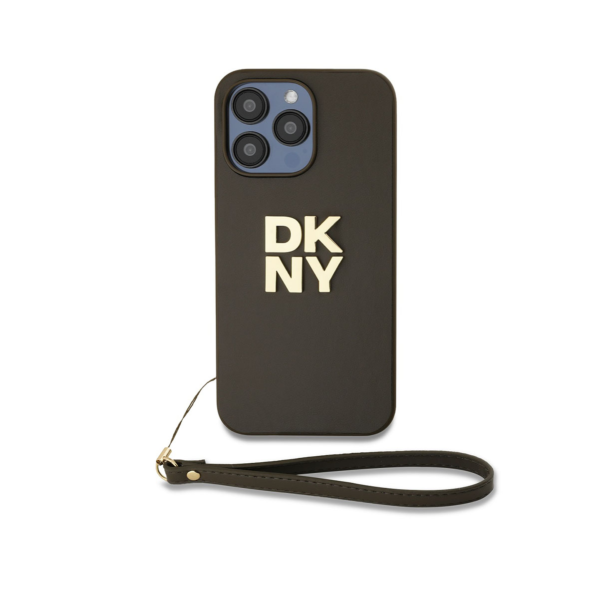 Una custodia per telefono marrone con 'DKNY' in oro. Ha un cinturino. Lo sfondo è bianco.