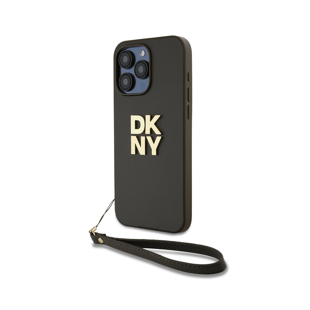 Una custodia scura per telefono con lettere dorate 'DKNY'. Ha un cinturino attaccato. Il telefono ha tre fotocamere.