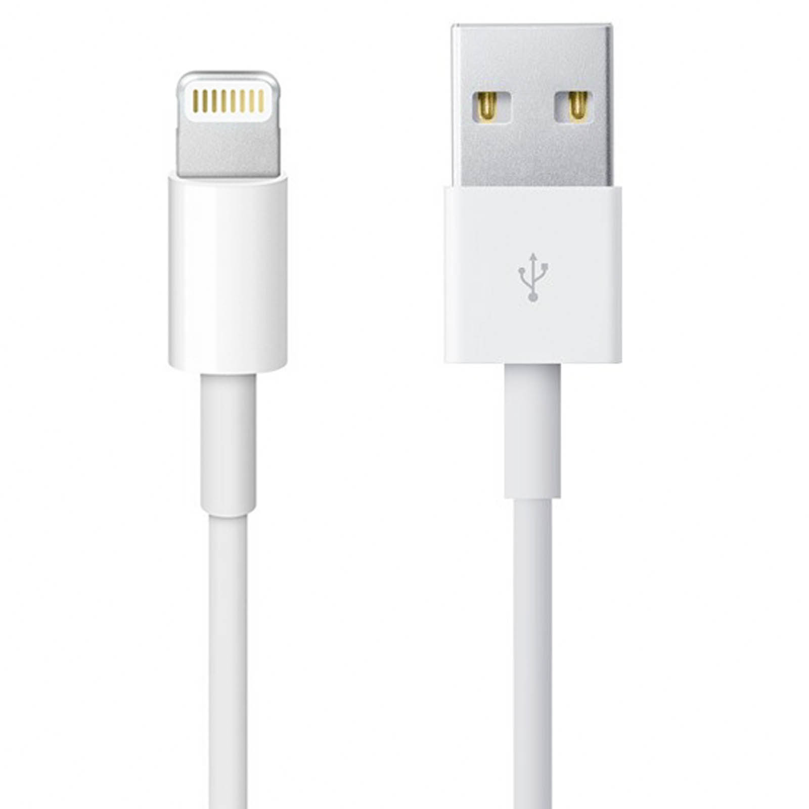 Un cavo da USB a Lightning bianco. Il connettore Lightning è a sinistra, l'USB a destra.