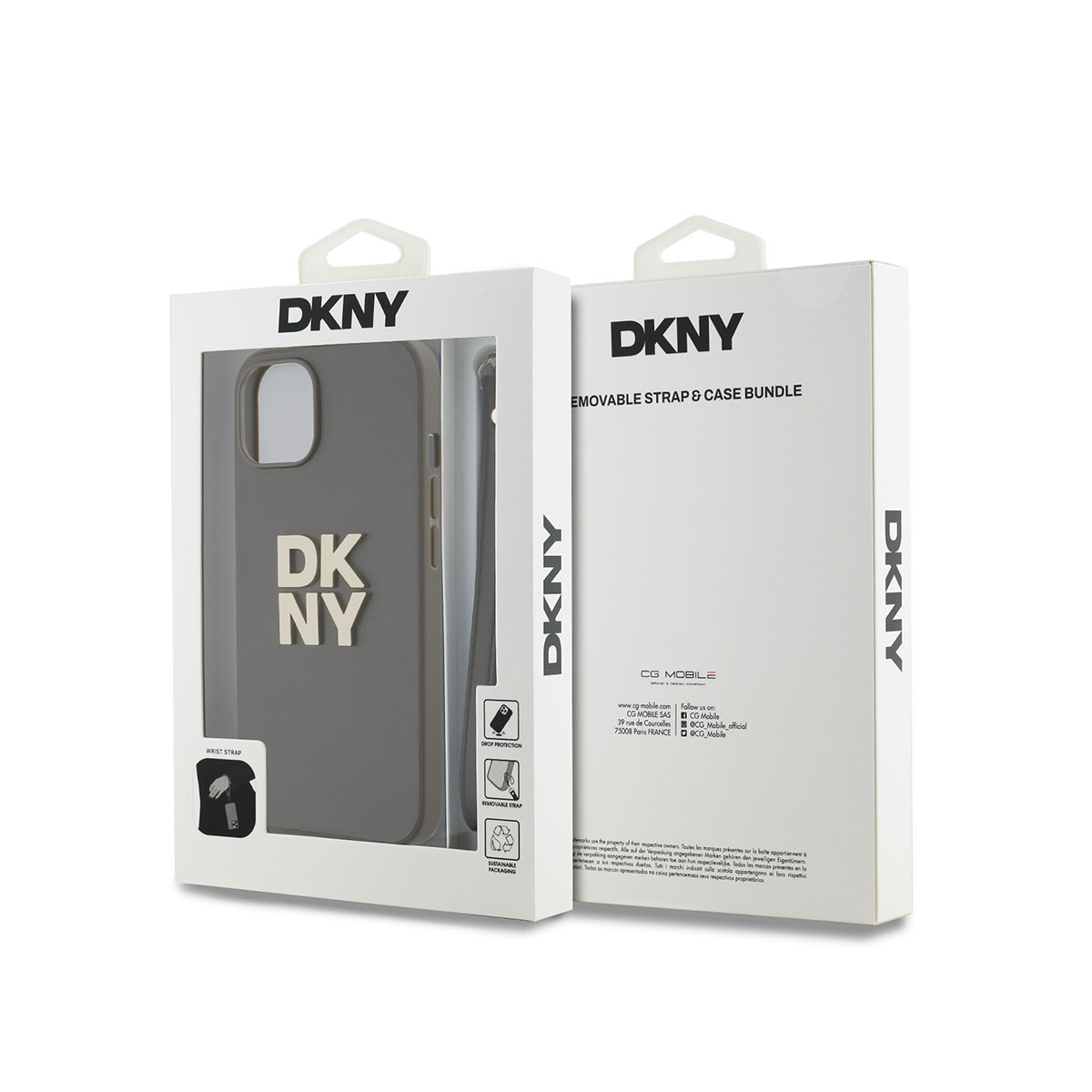 Due scatole di custodie per telefoni DKNY. Una mostra una custodia grigia. L'altra scatola ha testo e dettagli. Entrambe le scatole sono su una superficie bianca.