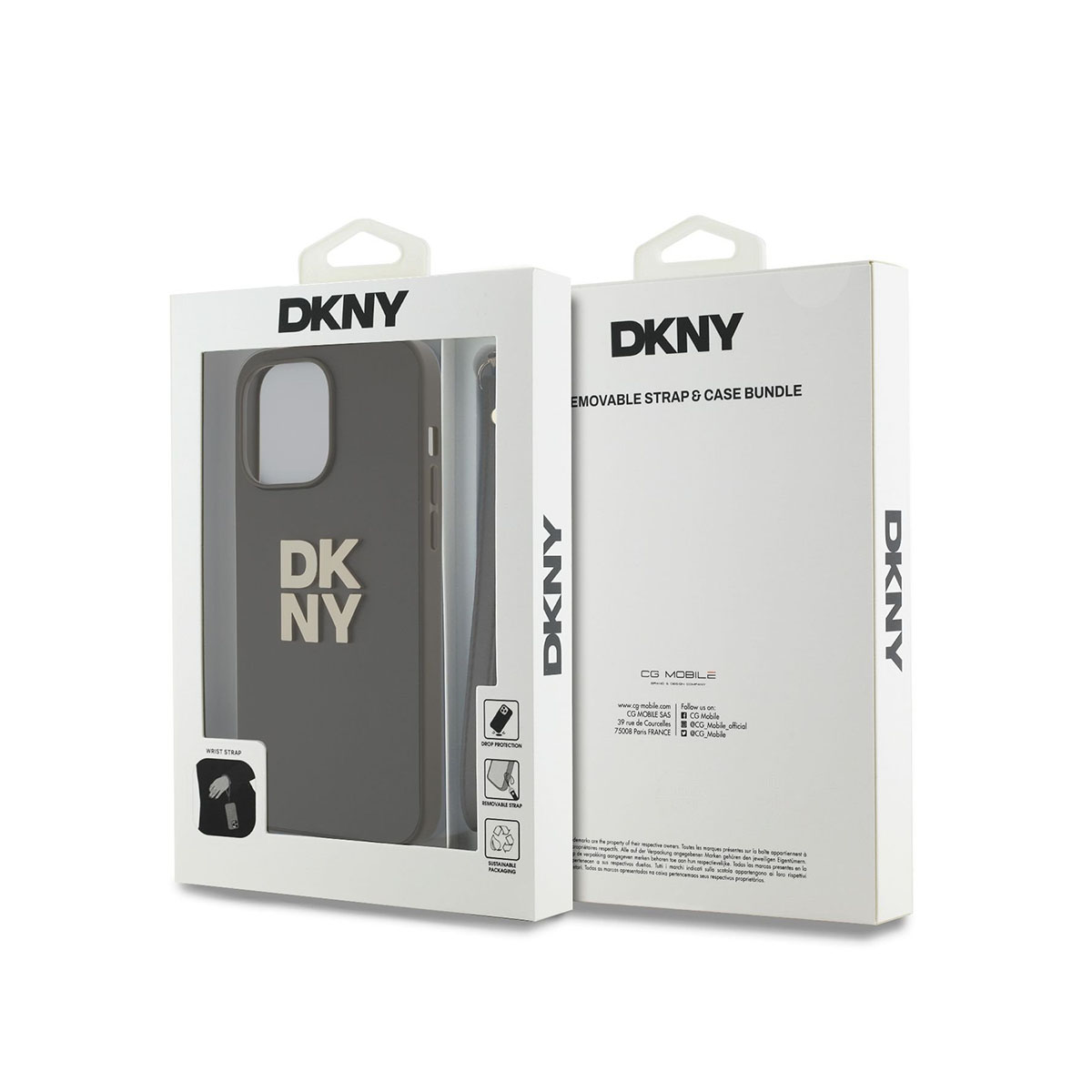Due scatole per custodie per telefoni DKNY. Uno mostra la custodia con un logo. L'altra scatola dice cinturino rimovibile.