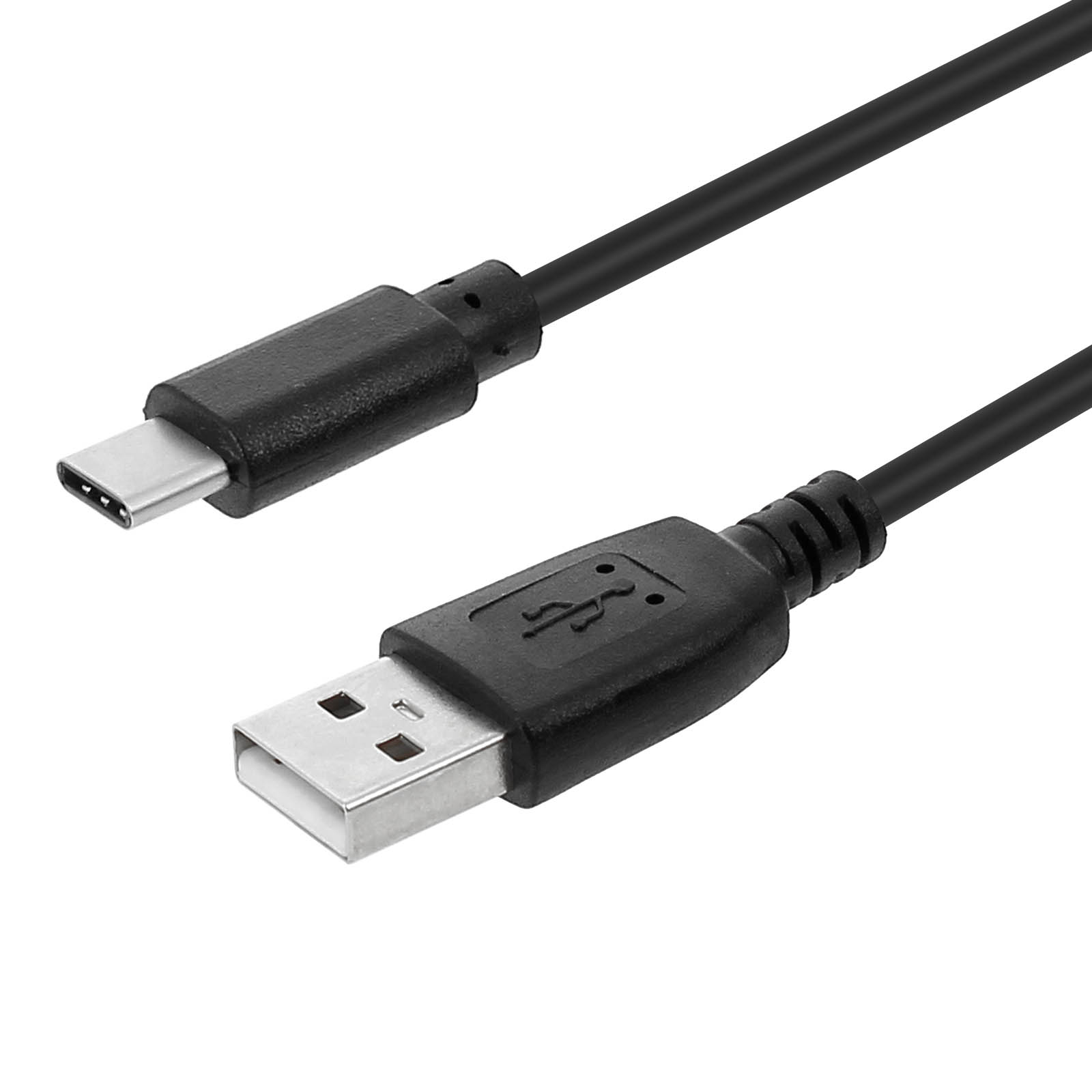 Un cavo USB nero con un connettore USB-C a un'estremità e un connettore USB-A all'altra. Lo sfondo è bianco.