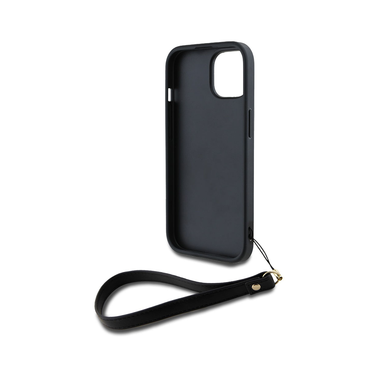 Una custodia per telefono grigio scuro con cinturino da polso nero attaccato. La custodia ha un ritaglio per la fotocamera e si trova su sfondo bianco.