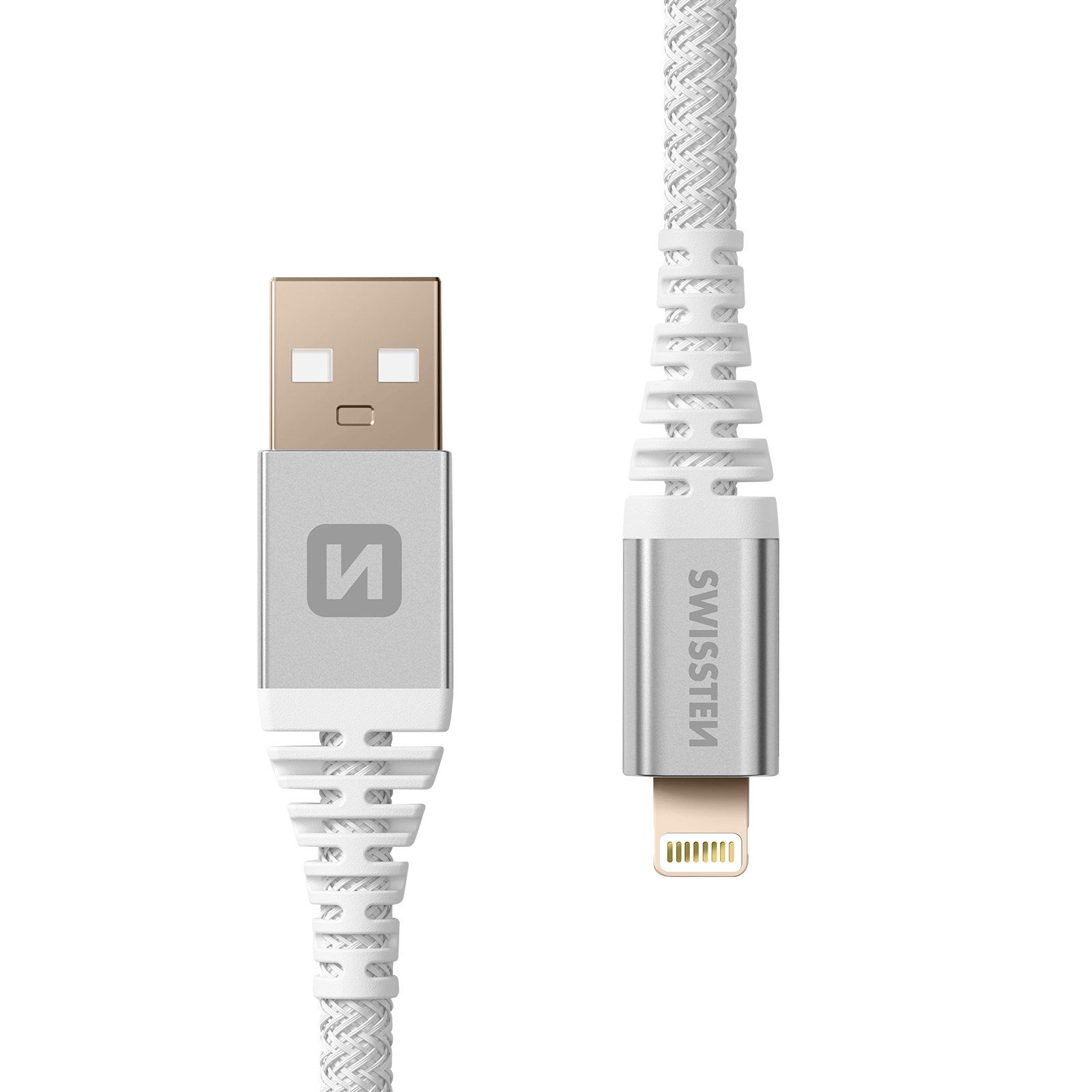 Un cavo USB bianco intrecciato con connettore argentato, connettore USB-A dorato e connettore Lightning. Il marchio è 'SWISSTEN'.
