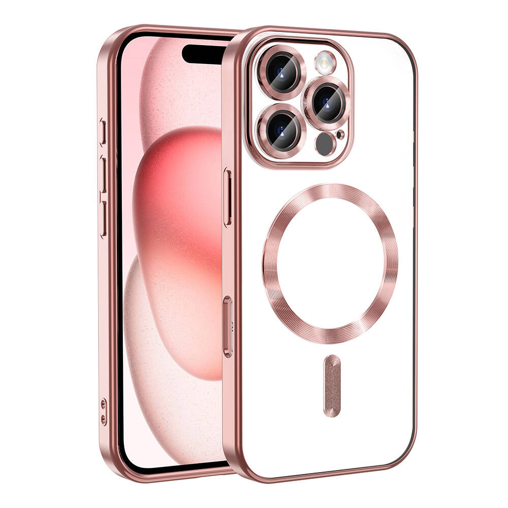 Şeffaf arka yüzü olan, bir telefonu sergileyen, pembe altın renginde bir telefon kılıfı gösteriliyor. Kılıfın manyetik bir halkası var ve şık.