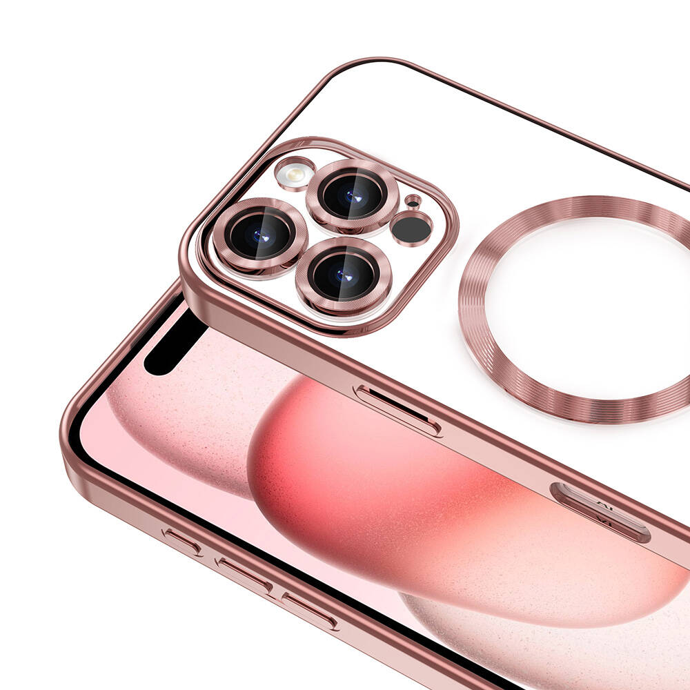 Şeffaf arka yüzlü, gül altın rengi bir telefon kılıfının yakından görünümü. Kamera lensleri ve aksesuarlar için manyetik bir halka görülebilir.