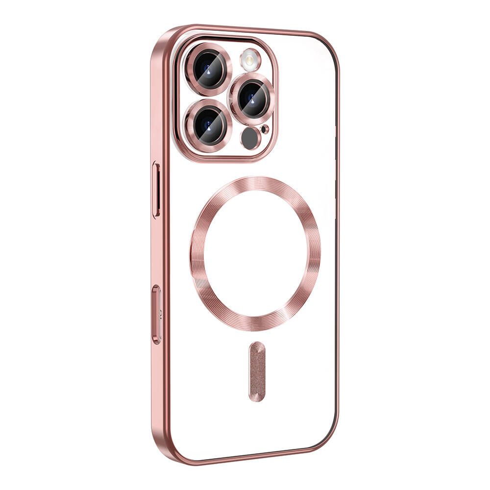 Gül altın rengi çerçeveli şeffaf bir iPhone kılıfı. Üç lensli bir kamera oyuğuna ve arkada dairesel bir şarj cihazı tasarımına sahip.