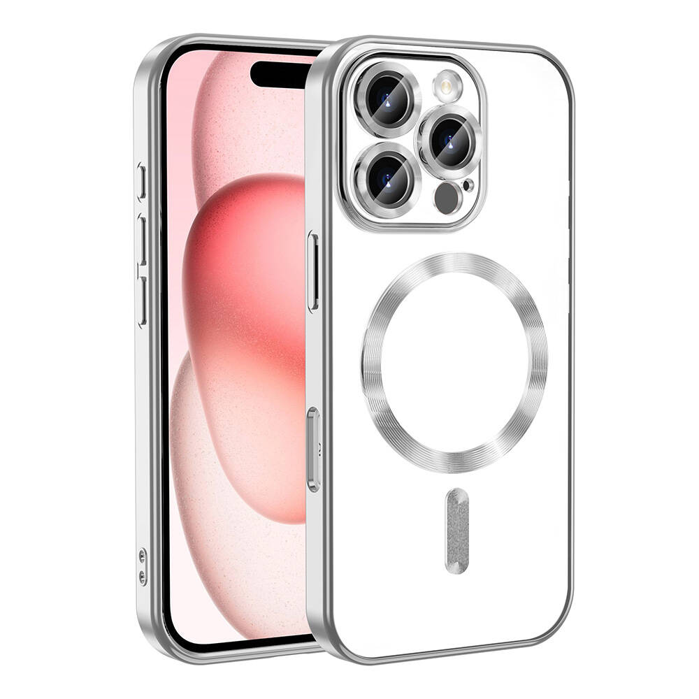 Gümüş çerçeveli şeffaf bir telefon kılıfı. Bir telefonu kaplar ve arkasında dairesel bir tasarım bulunur.