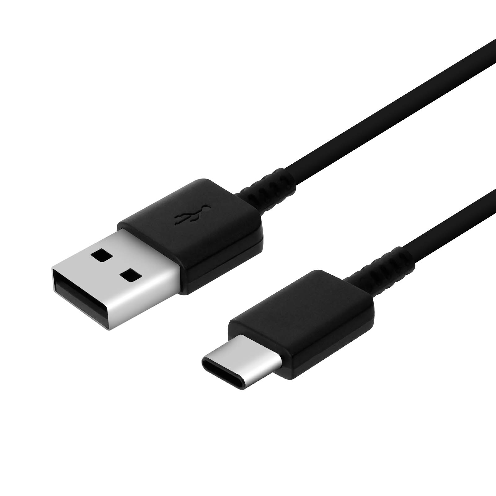 Un cavo USB nero con connettore USB-A e USB-C. Lo sfondo è bianco.