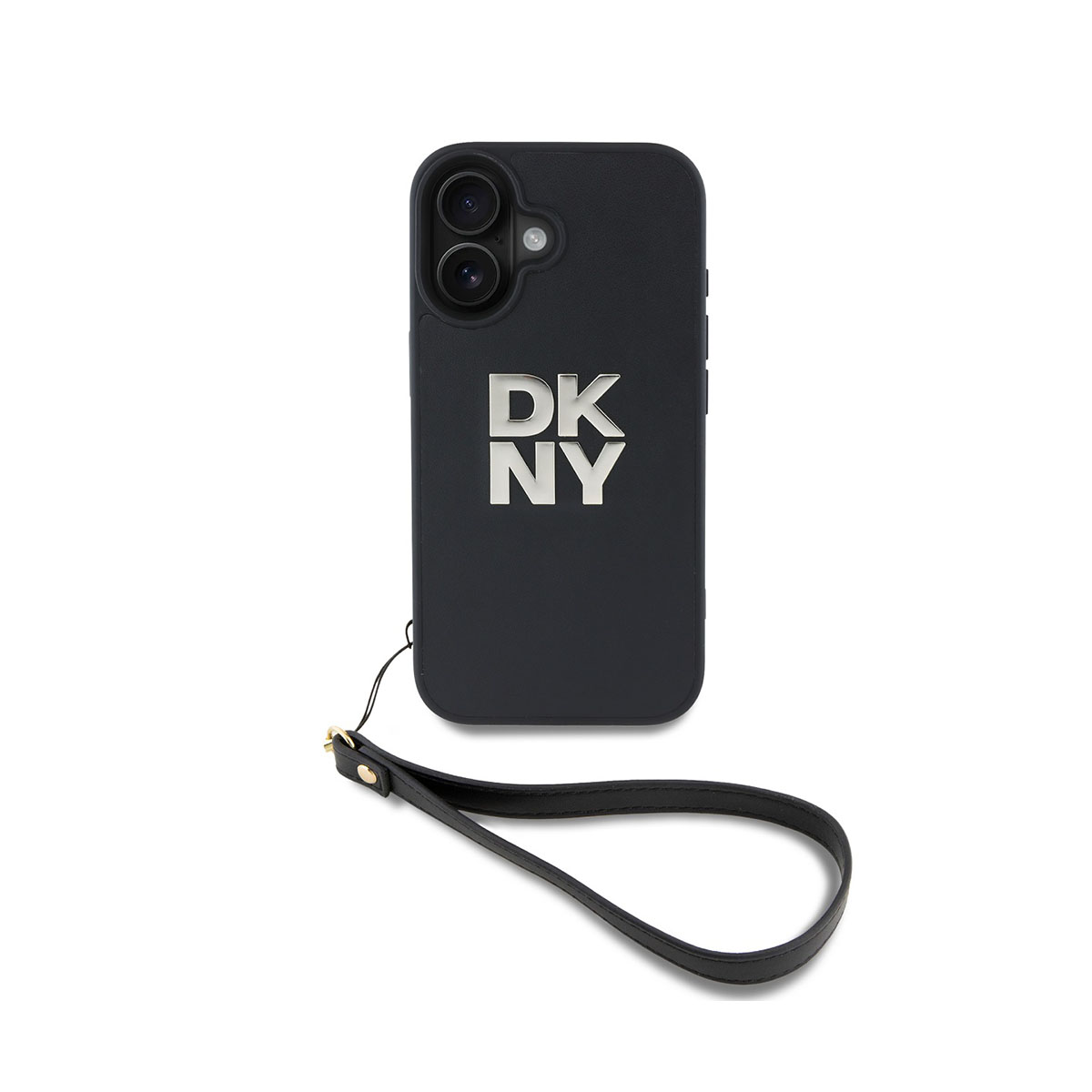 Custodia nera per telefono con logo 'DKNY' argentato e cinturino da polso nero attaccato. Lo sfondo è bianco.