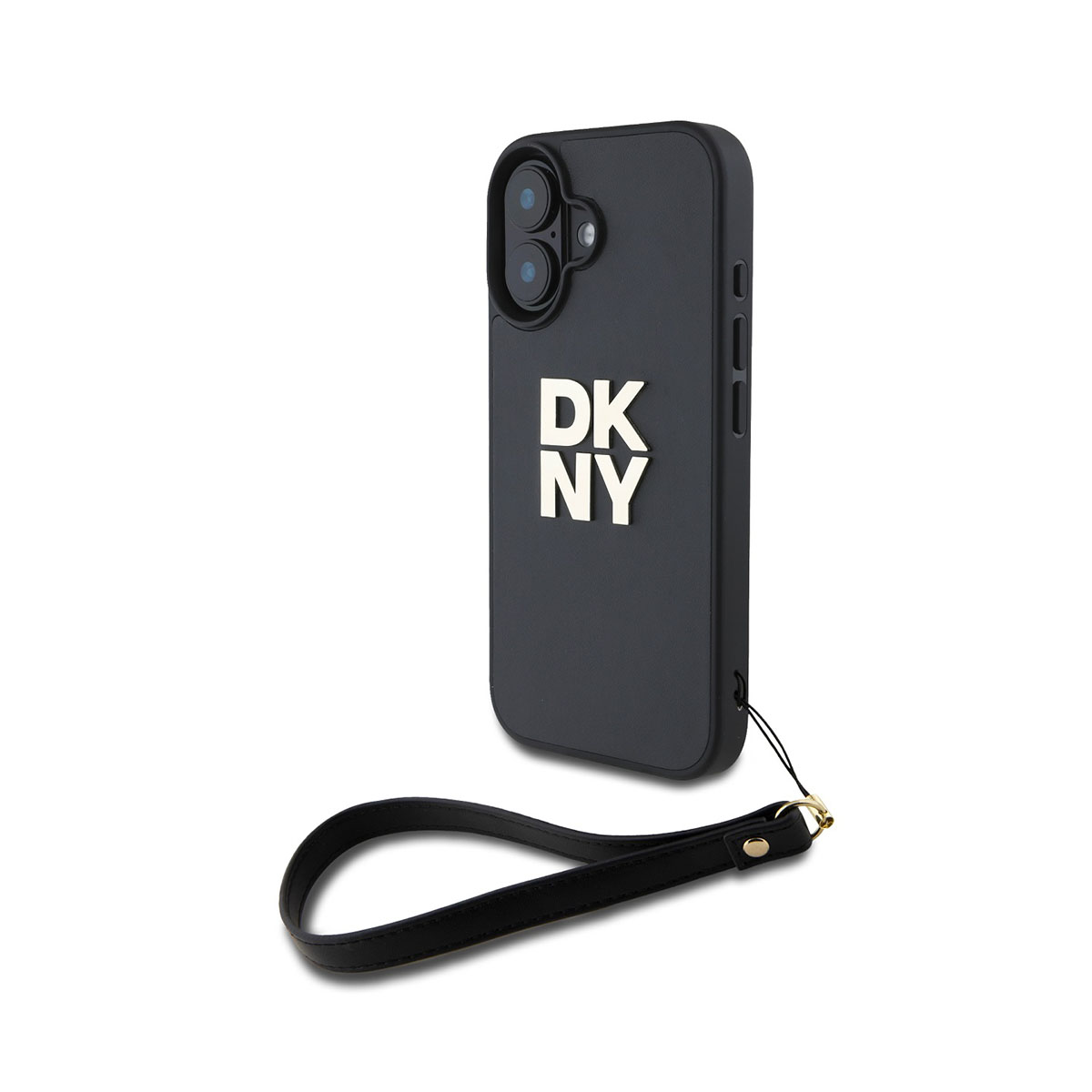 Custodia nera per telefono con logo 'DKNY', cinturino da polso nero, sfondo bianco.