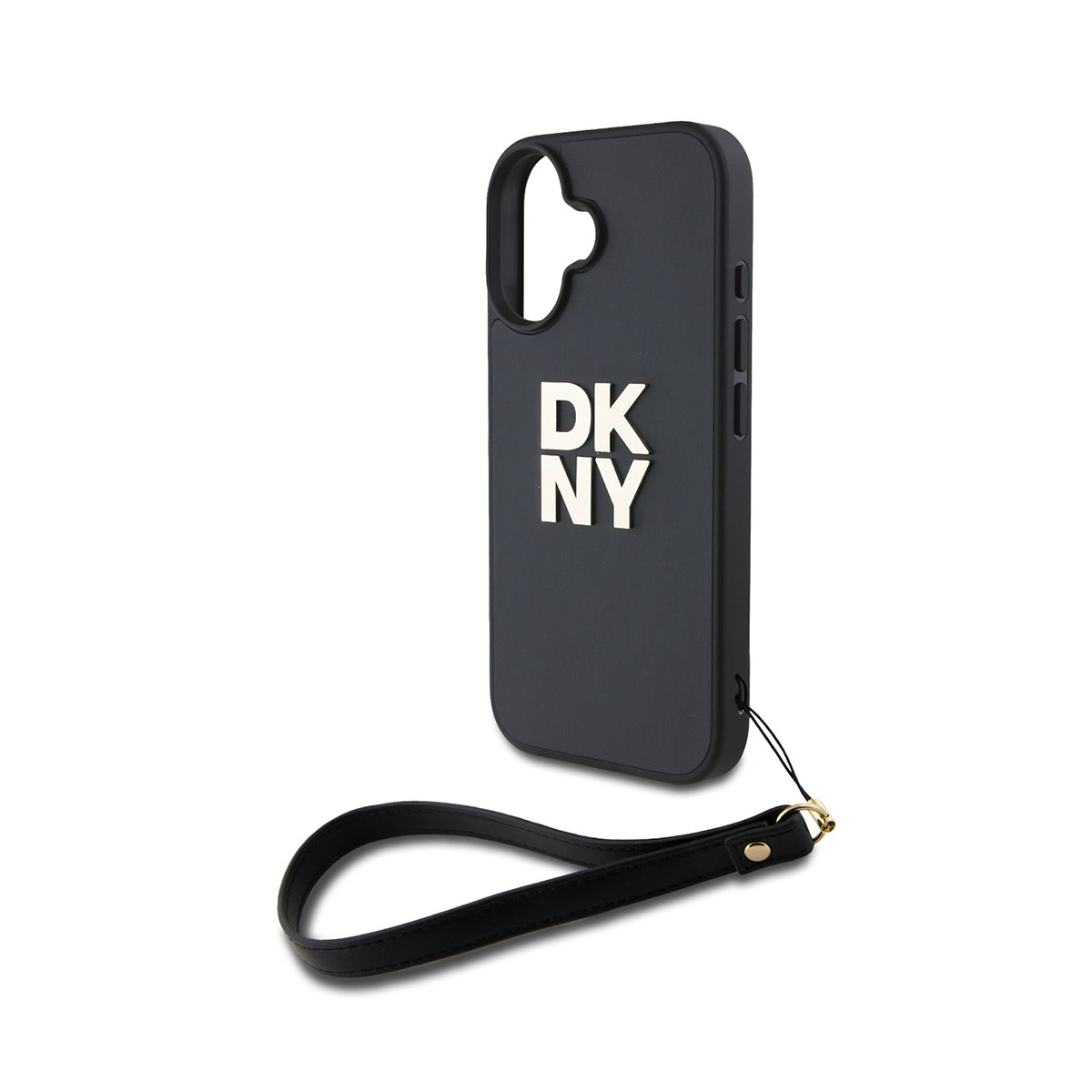 Una custodia per telefono nera con le lettere DKNY in bianco. Un cinturino da polso nero è attaccato in basso.