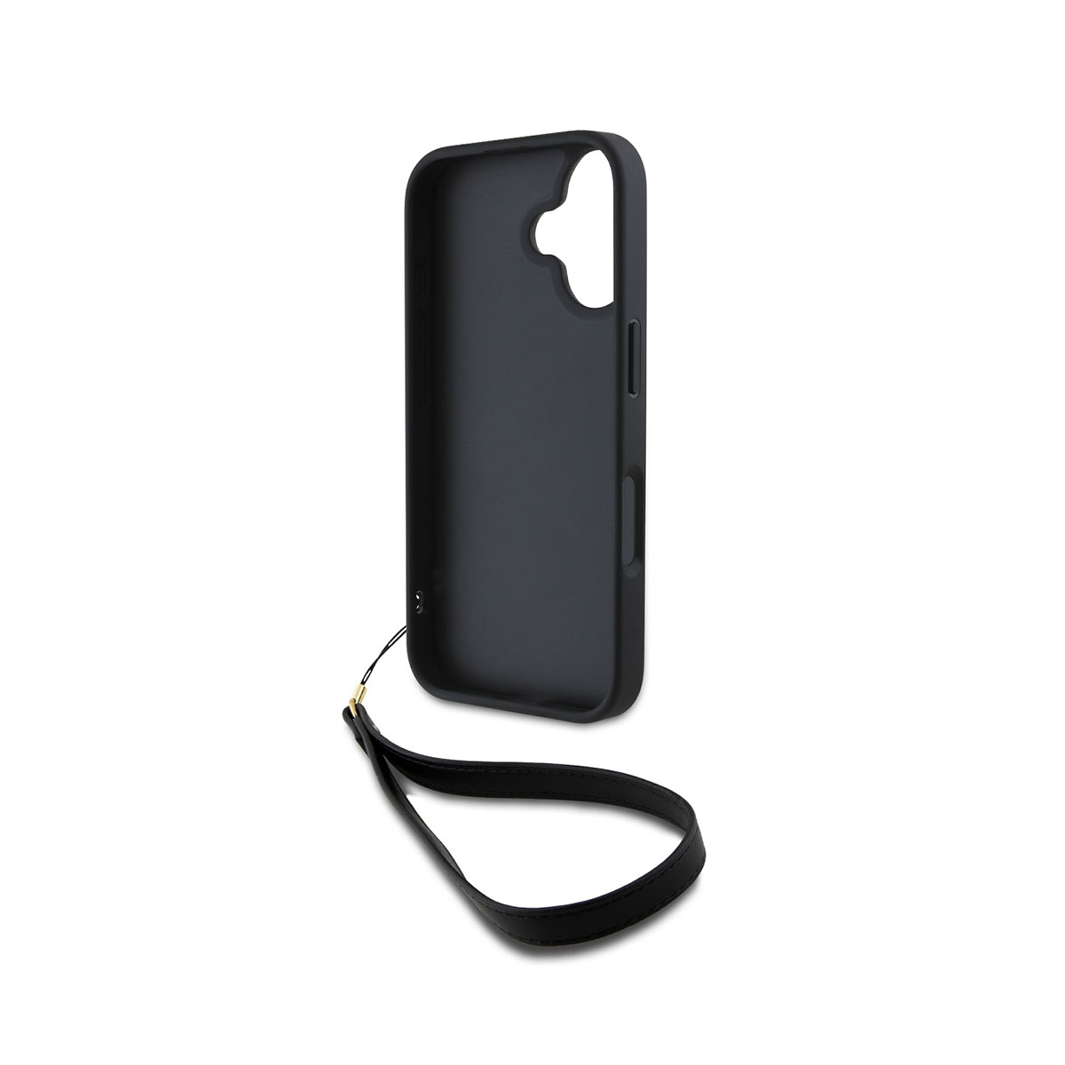 Una custodia per telefono nera con cinturino da polso su sfondo bianco. La custodia è grigio scuro con superficie liscia.