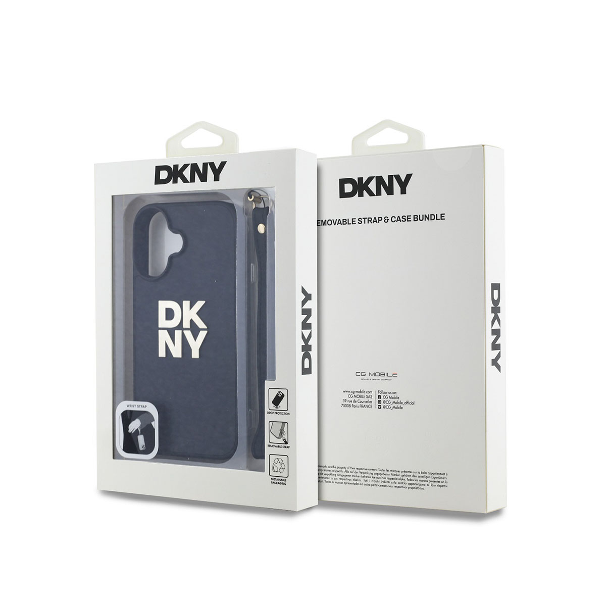 Custodia per telefono DKNY con cinturino rimovibile. La custodia è blu scuro con logo DKNY bianco. La confezione è bianca con marchio DKNY.