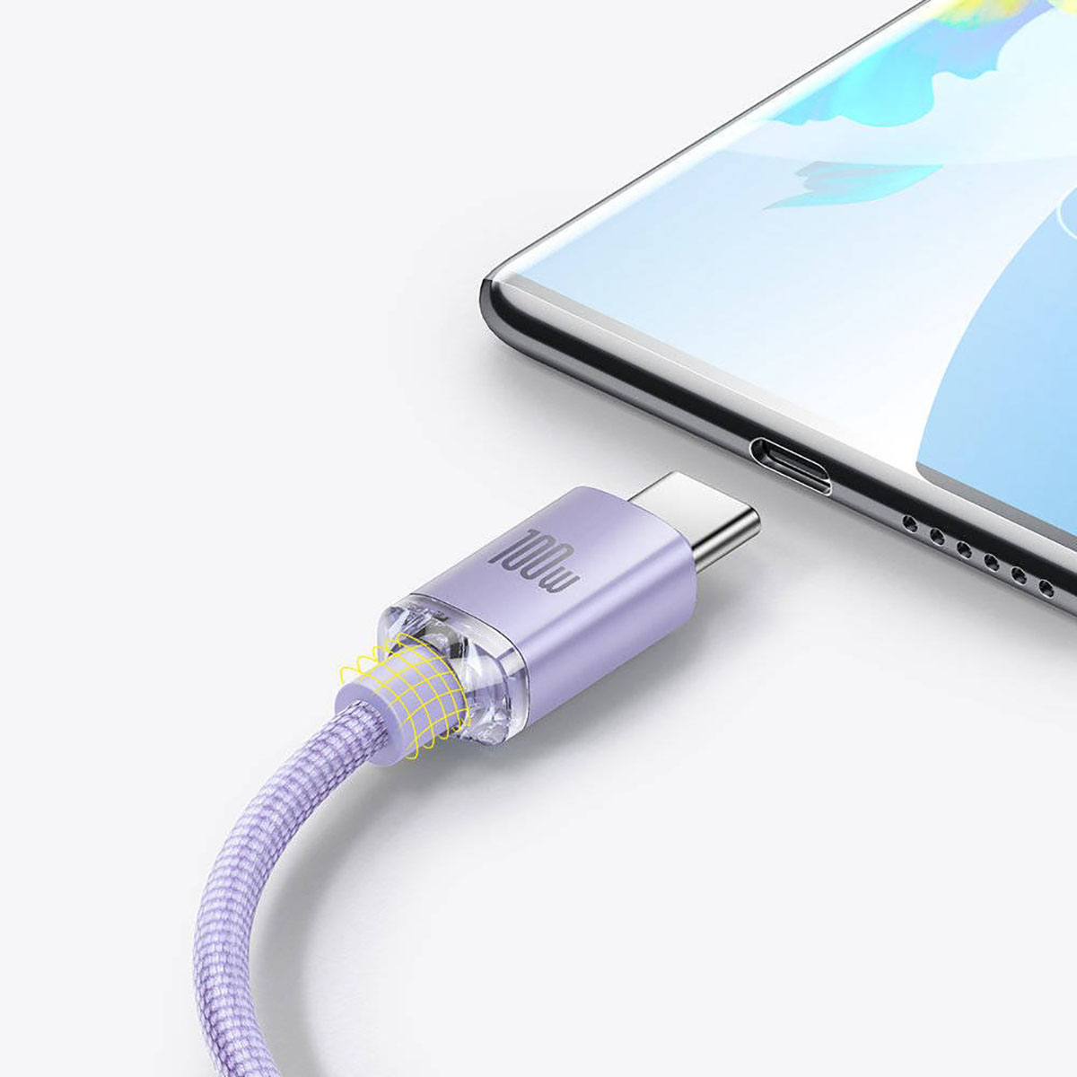 Un cavo USB-C viola collegato a un telefono. Il connettore del cavo è collegato al telefono. Il cavo ha un'etichetta da 100 W.