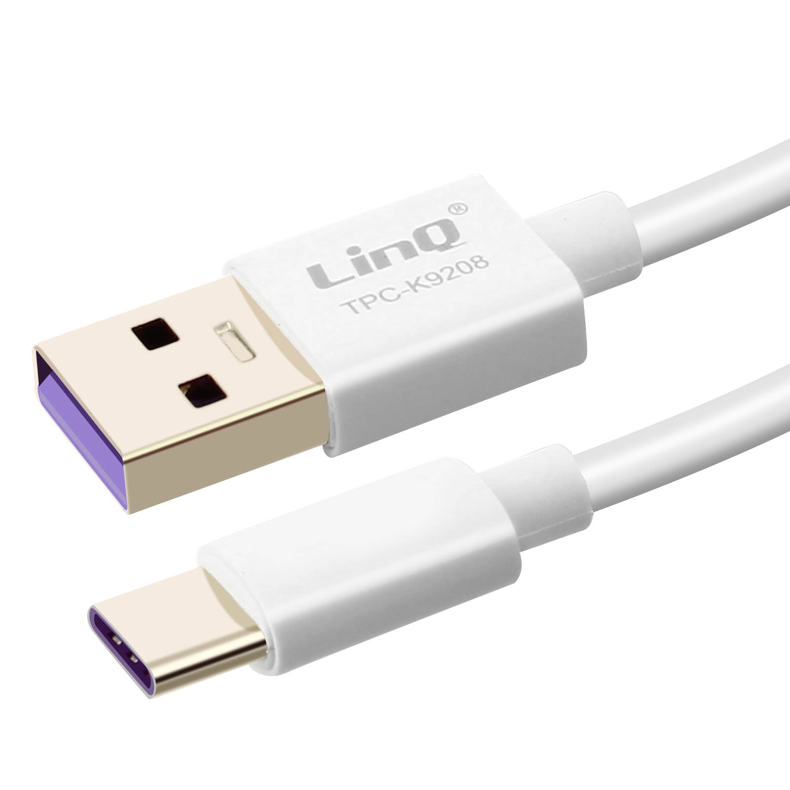 Un cavo USB bianco con connettore USB-A e USB-C, l'estremità USB-A ha un interno viola.