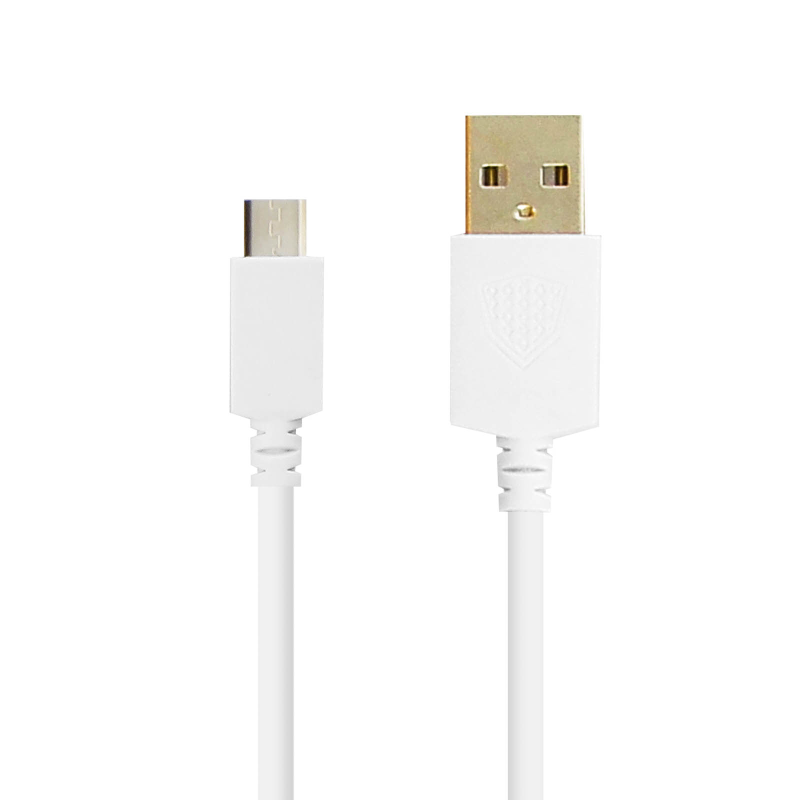 Un cavo USB bianco con due connettori. Uno è USB-A, l'altro è micro-USB. Sono collegati da un cavo bianco.